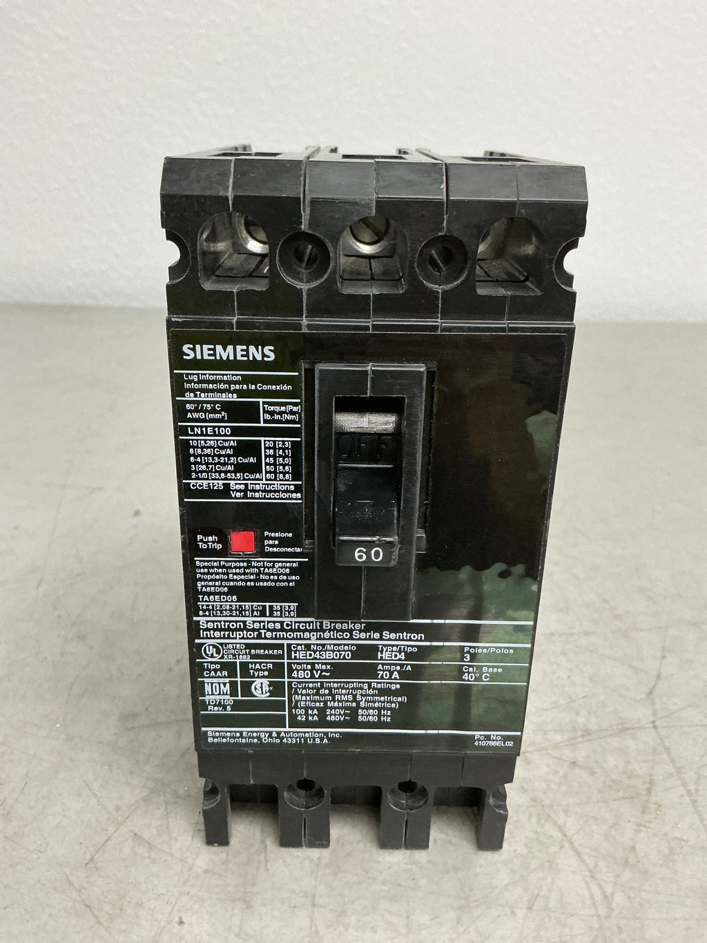Used Siemens HED43B060 3 Pole, 60 Amps, Circuit Breaker