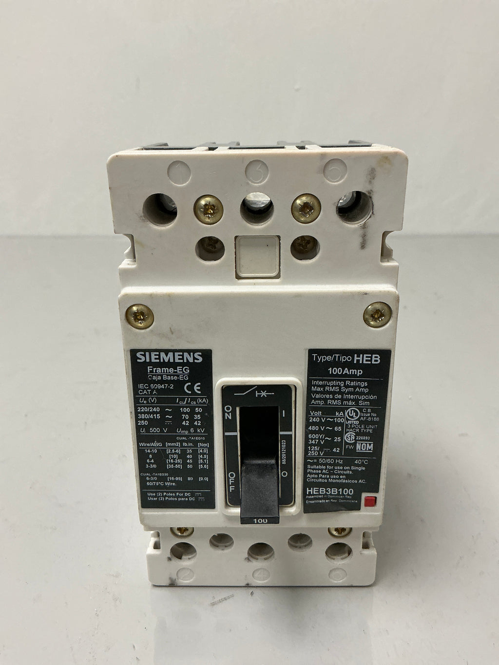 Used Siemens HEB3B100 3 Pole, 100 Amps, 600 Volts Circuit Breaker