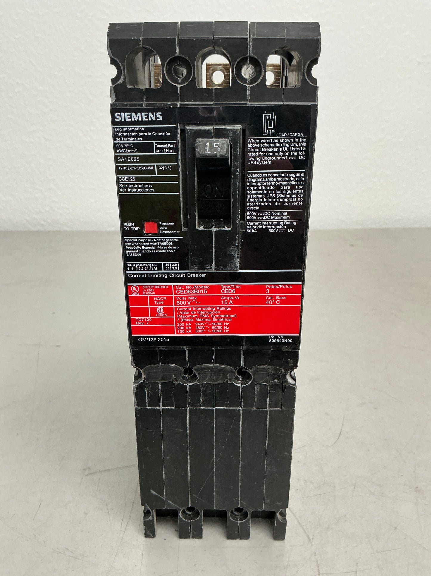 Used Siemens CED63B015 3 Pole, 15 Amps, 600 Volts