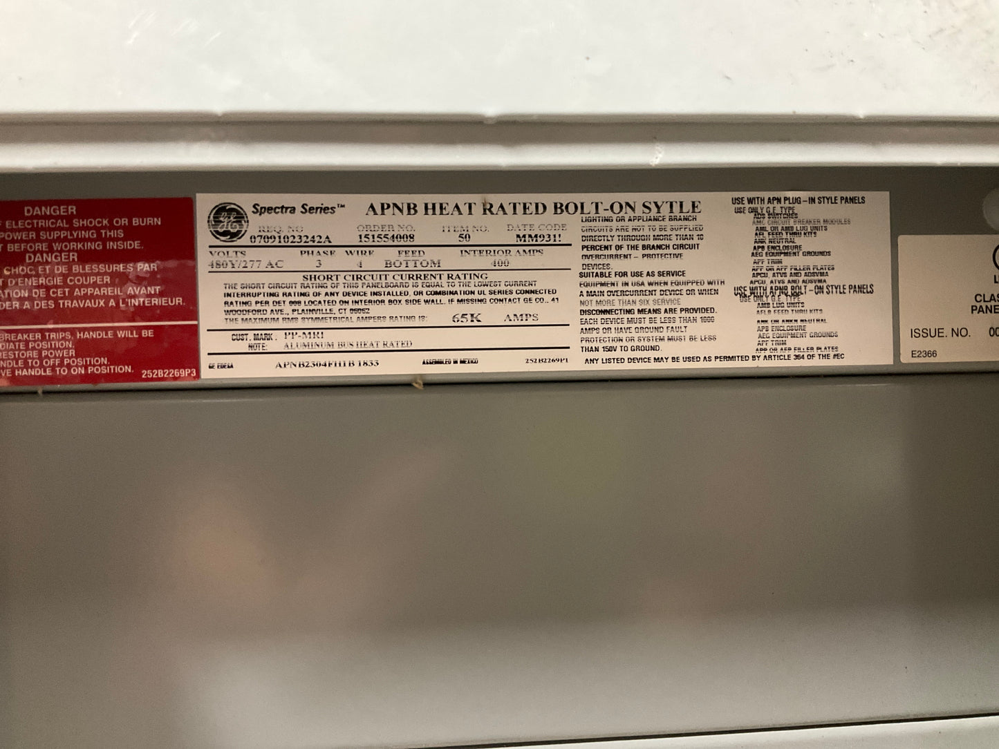 Used GE 400 Amp Main Distribution Panel 480/277 Volt 3 Phase 4 Wire