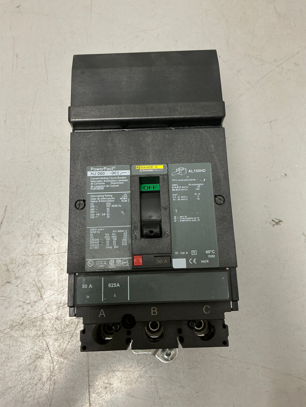 Used Square D HJA36050 3 Pole, 50 Amps, 600 Volts Circuit Breaker