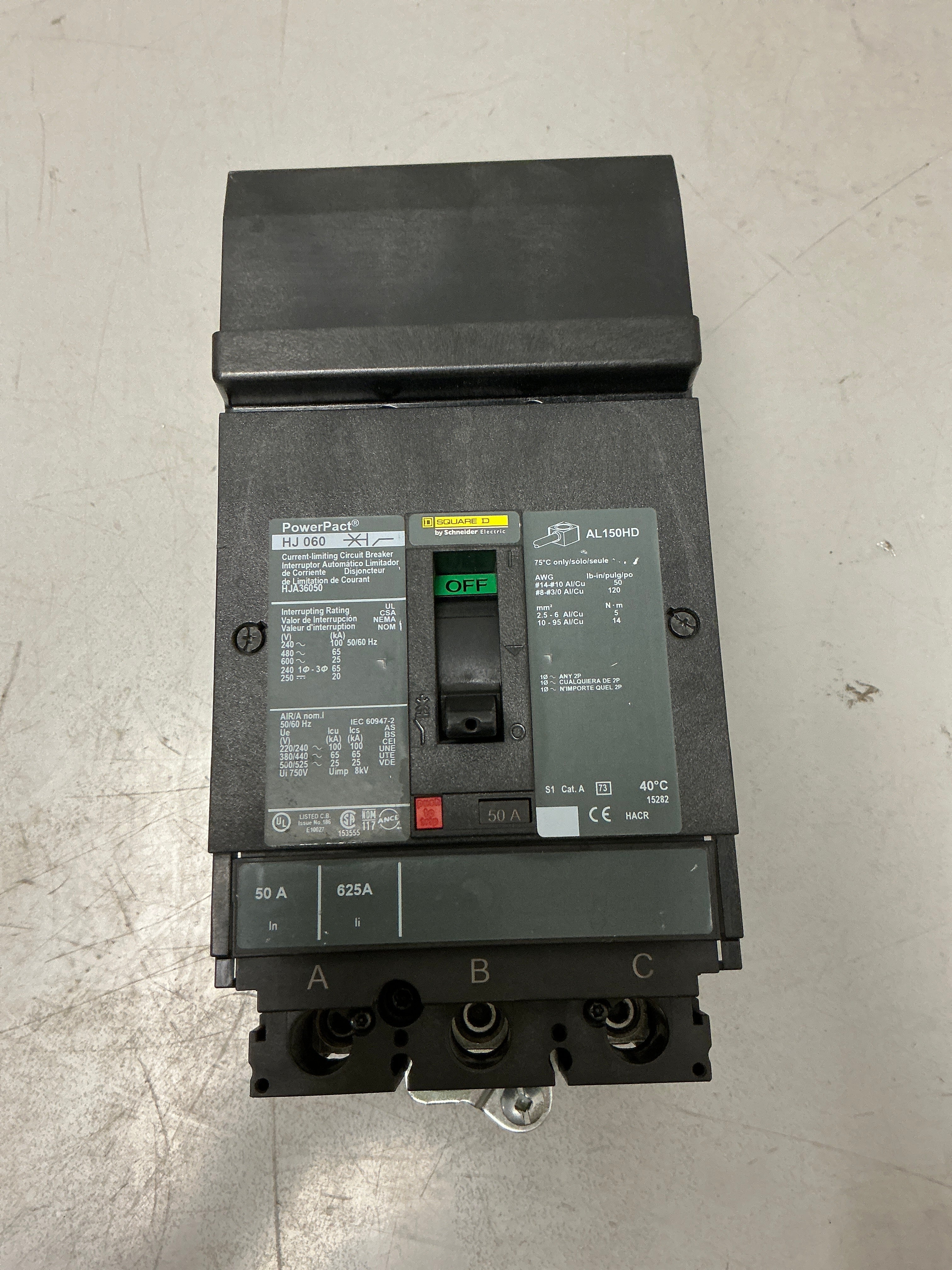 Used Square D HJA36050 3 Pole, 50 Amps, 600 Volts Circuit Breaker