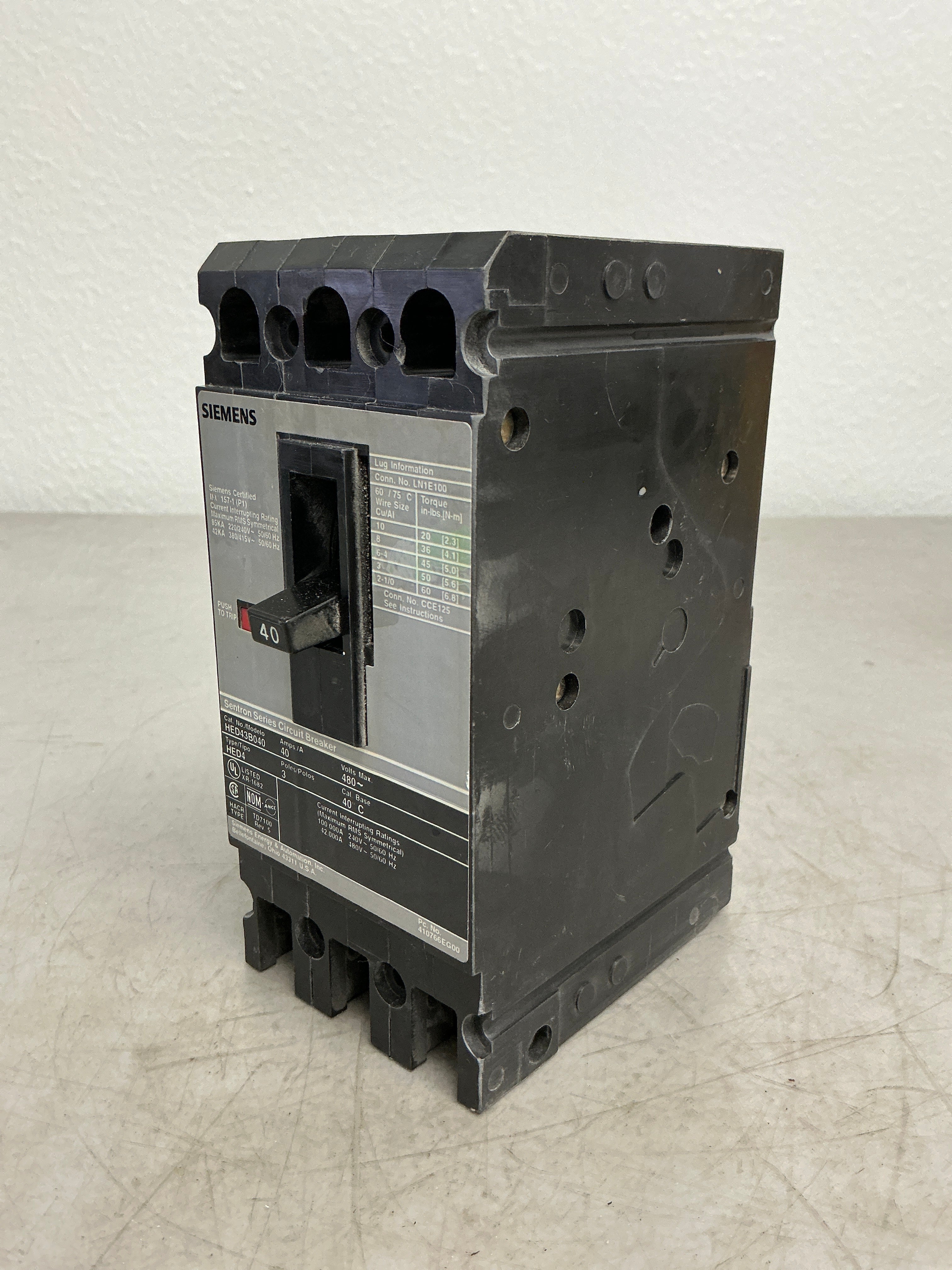 Used Siemens HED43B040 3 Pole, 40 Amps, 480 Volts Circuit Breaker