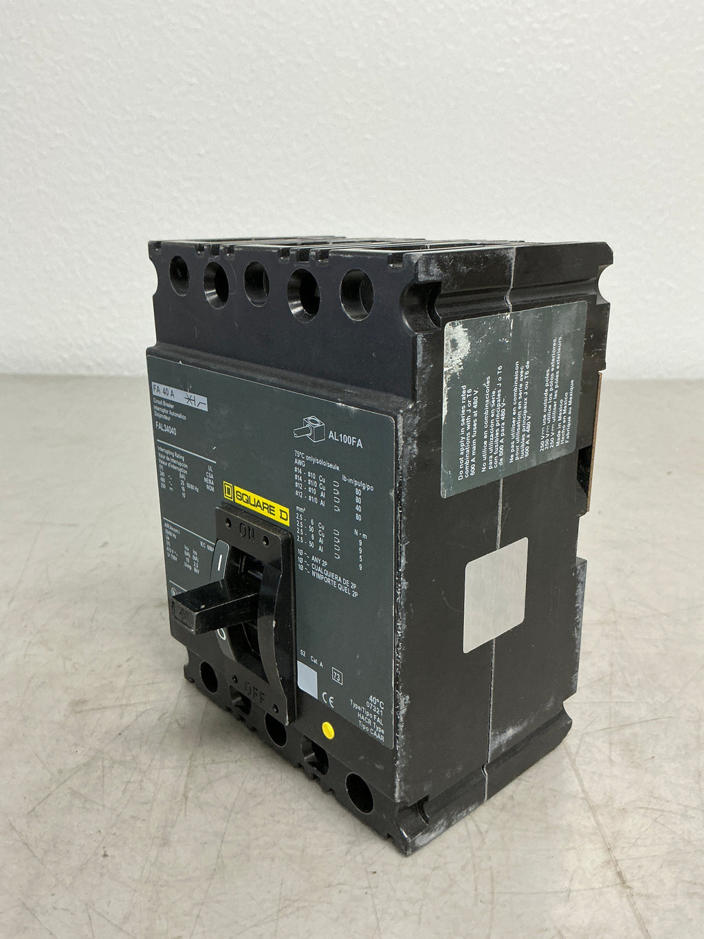 Used Square D FAL34040 3 Pole, 40 Amps, 480 Volts Circuit Breaker