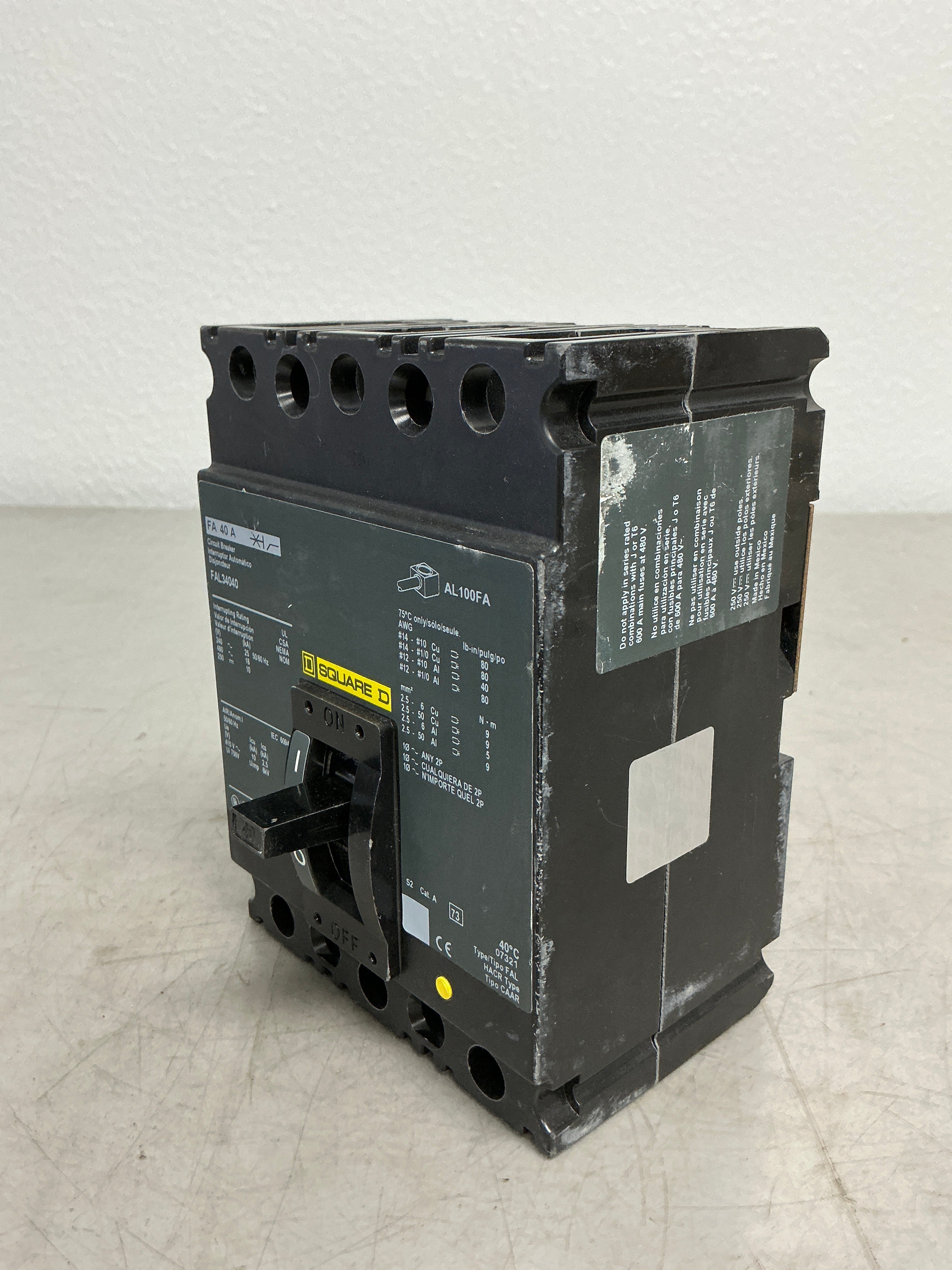 Used Square D FAL34040 3 Pole, 40 Amps, 480 Volts Circuit Breaker