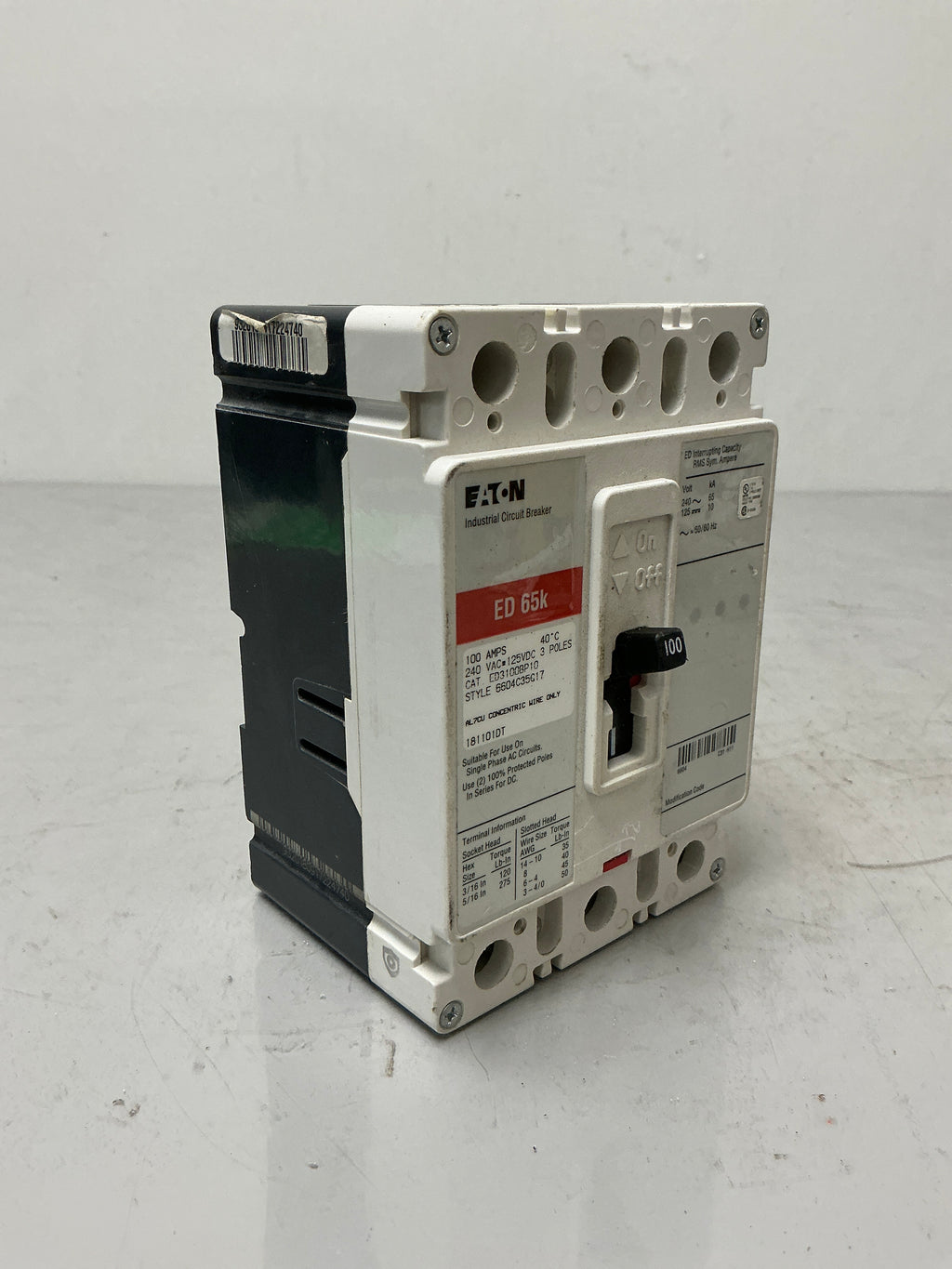 Used Eaton ED3100 3 Pole, 100 Amps, 240 Volts Circuit Breaker