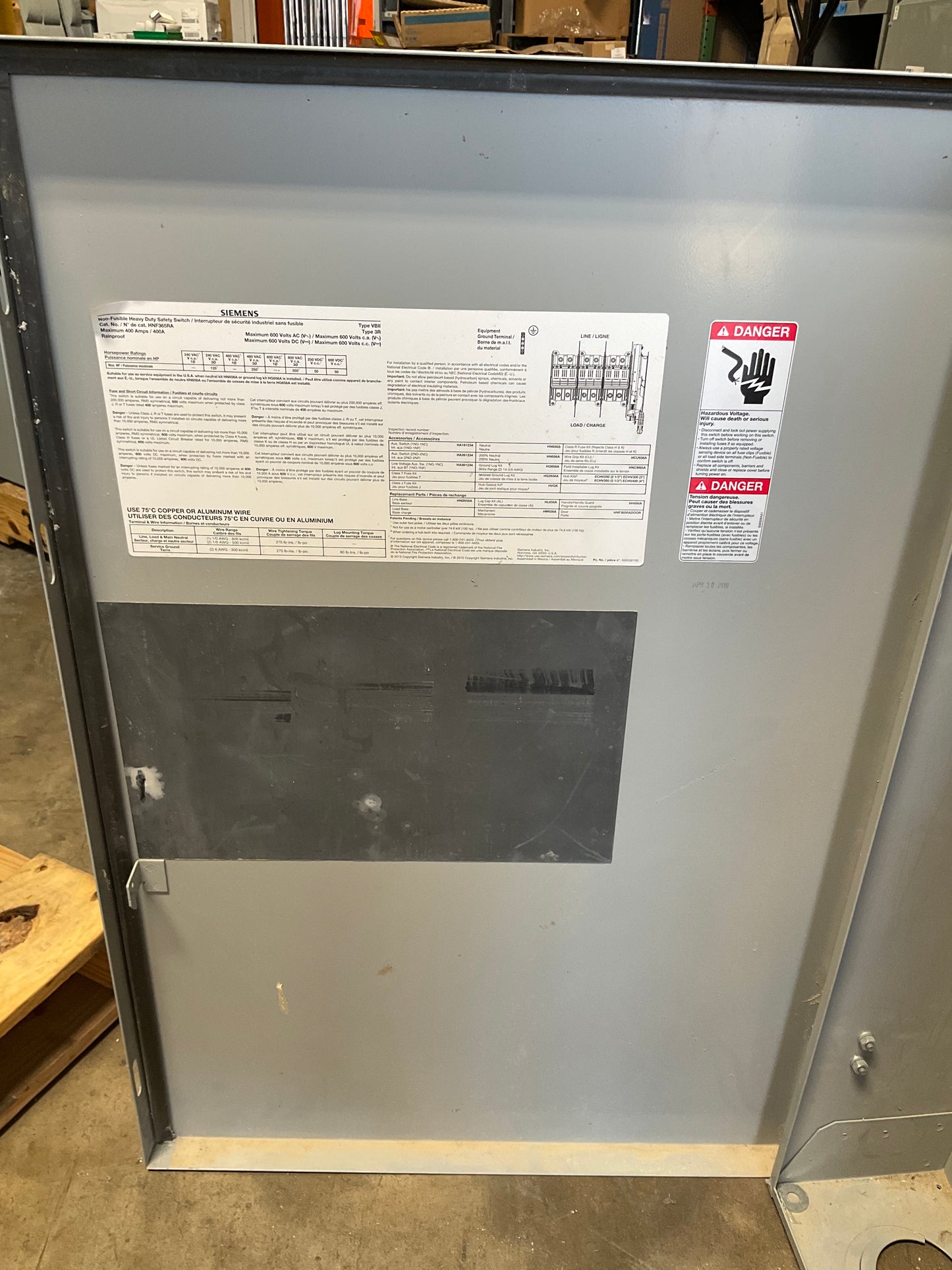 Used Siemens HNF365RA Disconnect 400 Amp 600 Volt Non Fuse Outdoor 3R