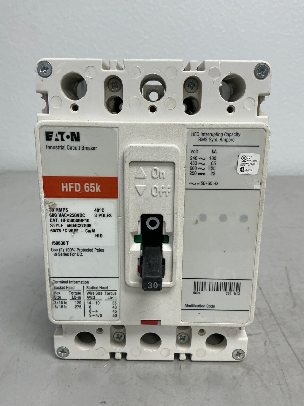 Used Eaton HFD3030BP10 3 Pole, 30 Amps, 600 Volts