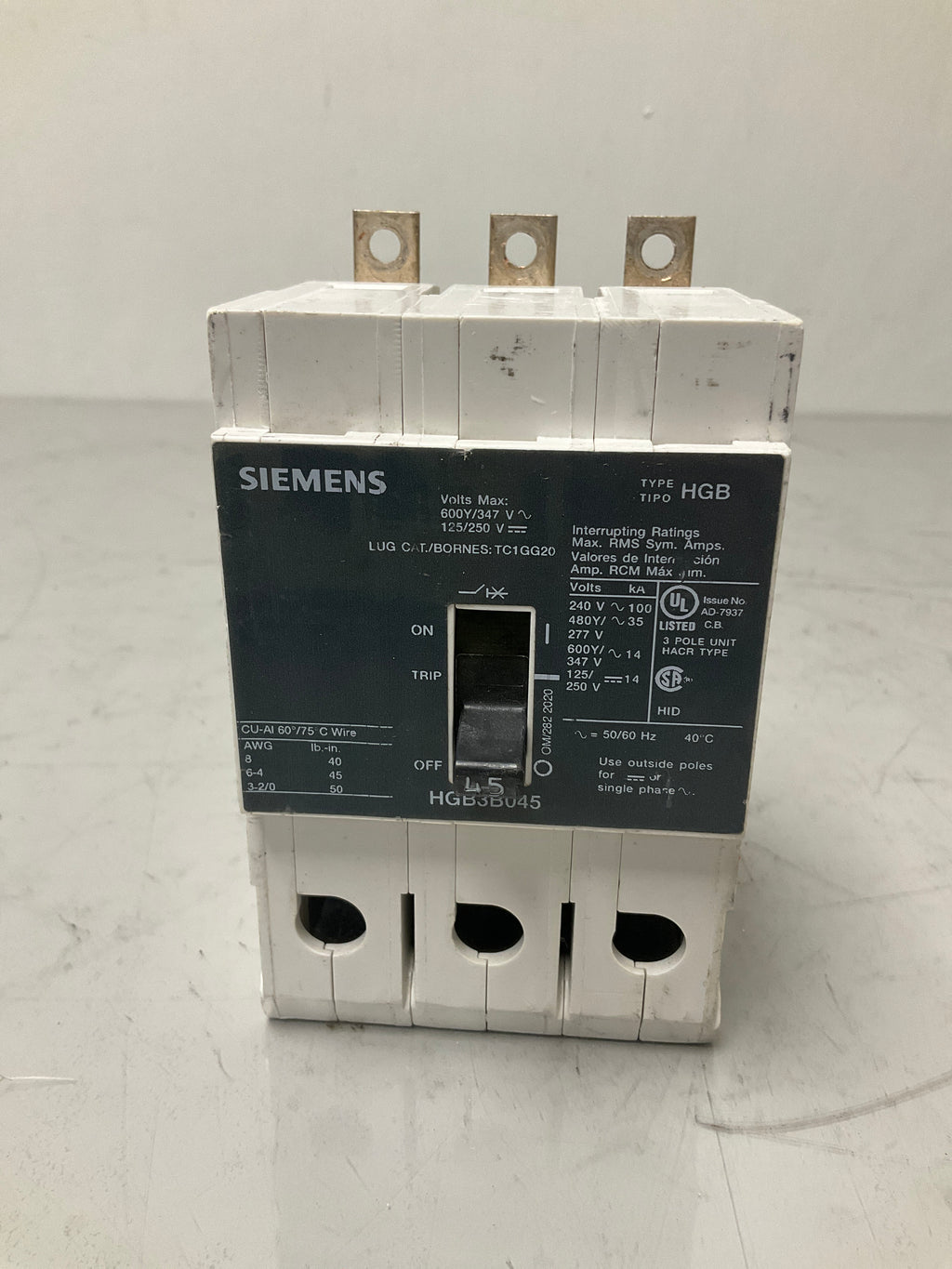 Used Siemens HGB3B045 3 Pole, 45 Amps, 480 Volts Circuit Breaker