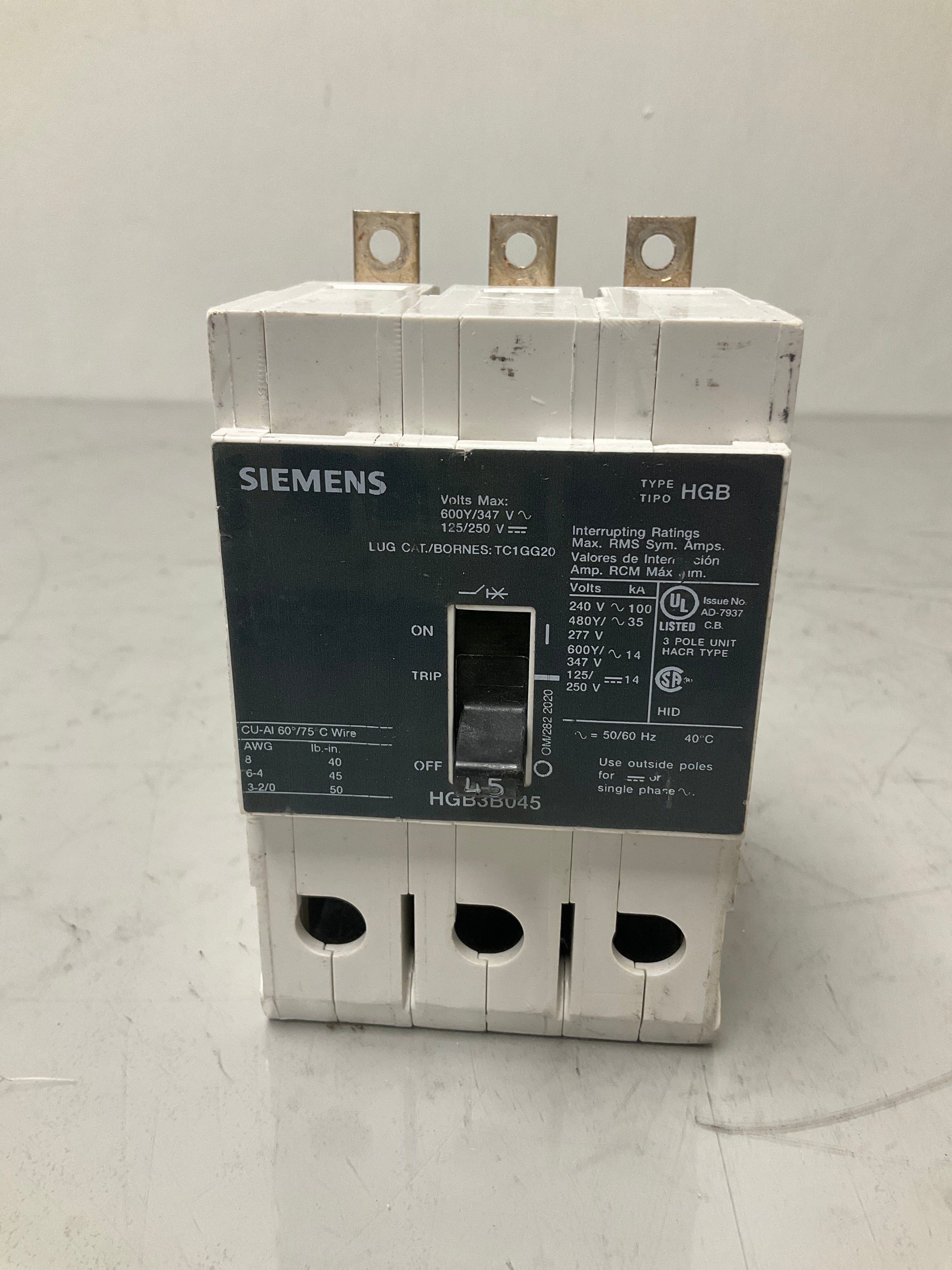 Used Siemens HGB3B045 3 Pole, 45 Amps, 480 Volts Circuit Breaker