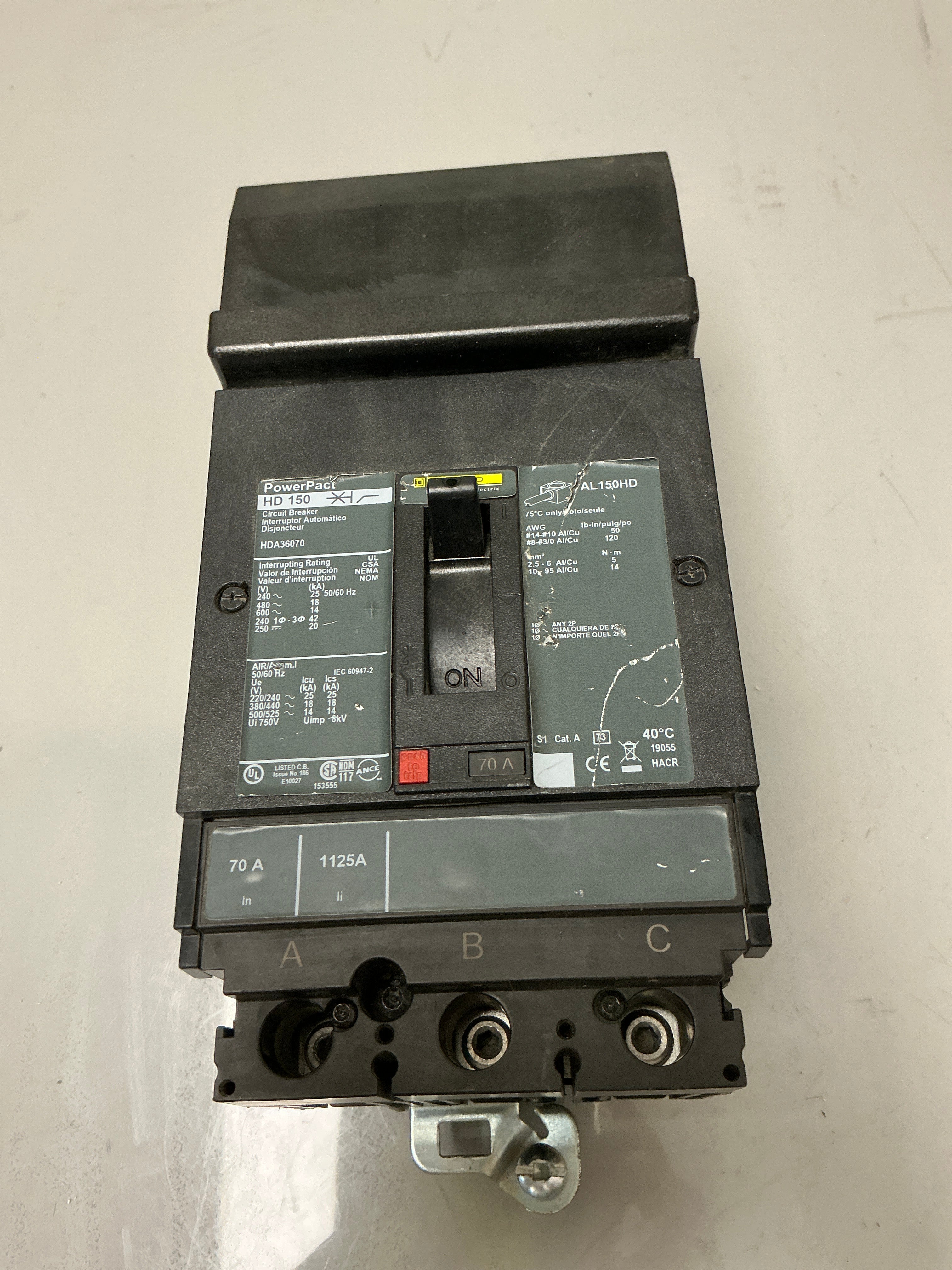 Used Square D HDA36070 3 Pole, 70 Amps, 600 Volts Circuit Breaker