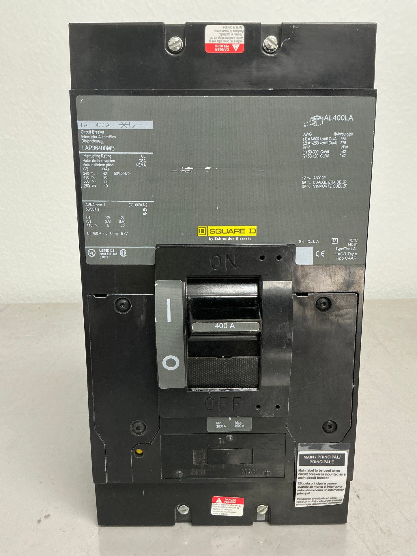 Used Square D LAP36400MB 3 Pole, 400 Amps Circuit Breaker