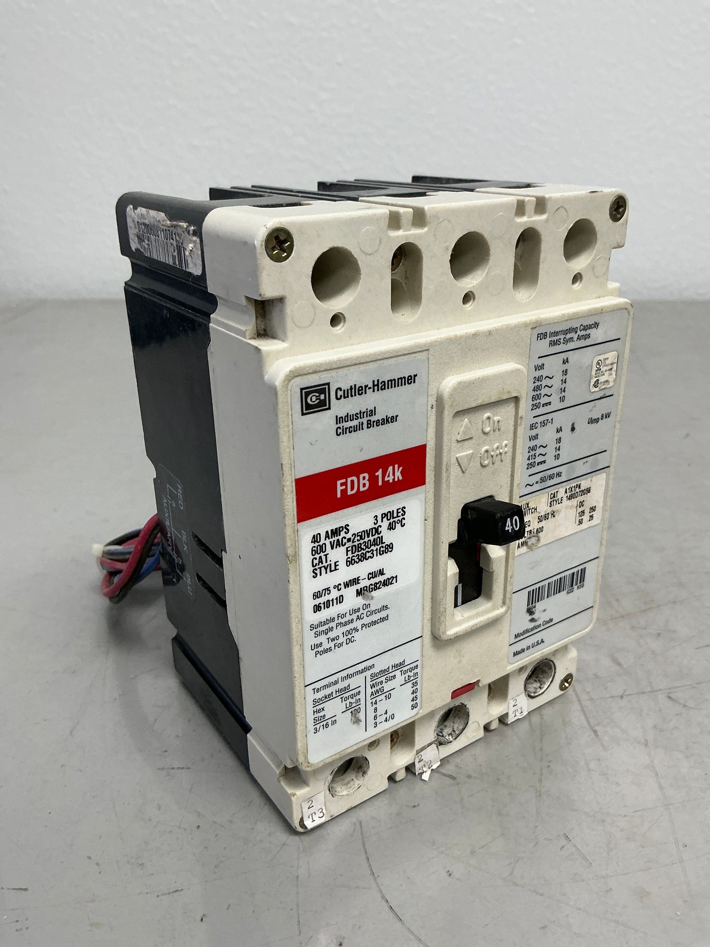 Used FDB3040L with Auxiliary 3 Poles, 40 Amps, 600 Volts