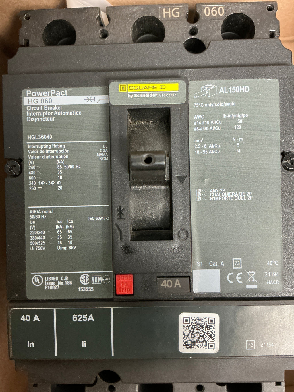 New Square D HGL36040 3 Pole, 40 Amps
