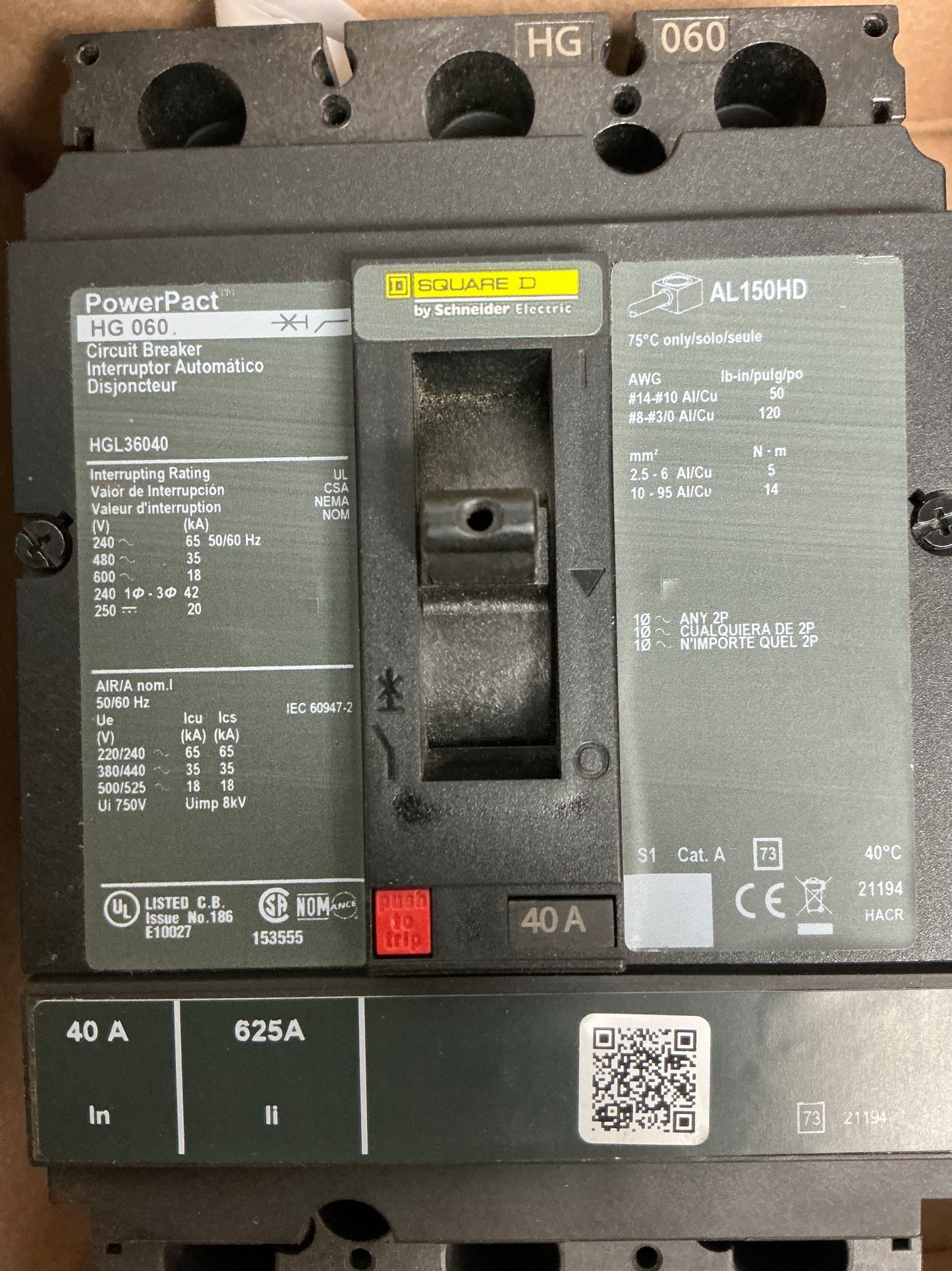 New Square D HGL36040 3 Pole, 40 Amps