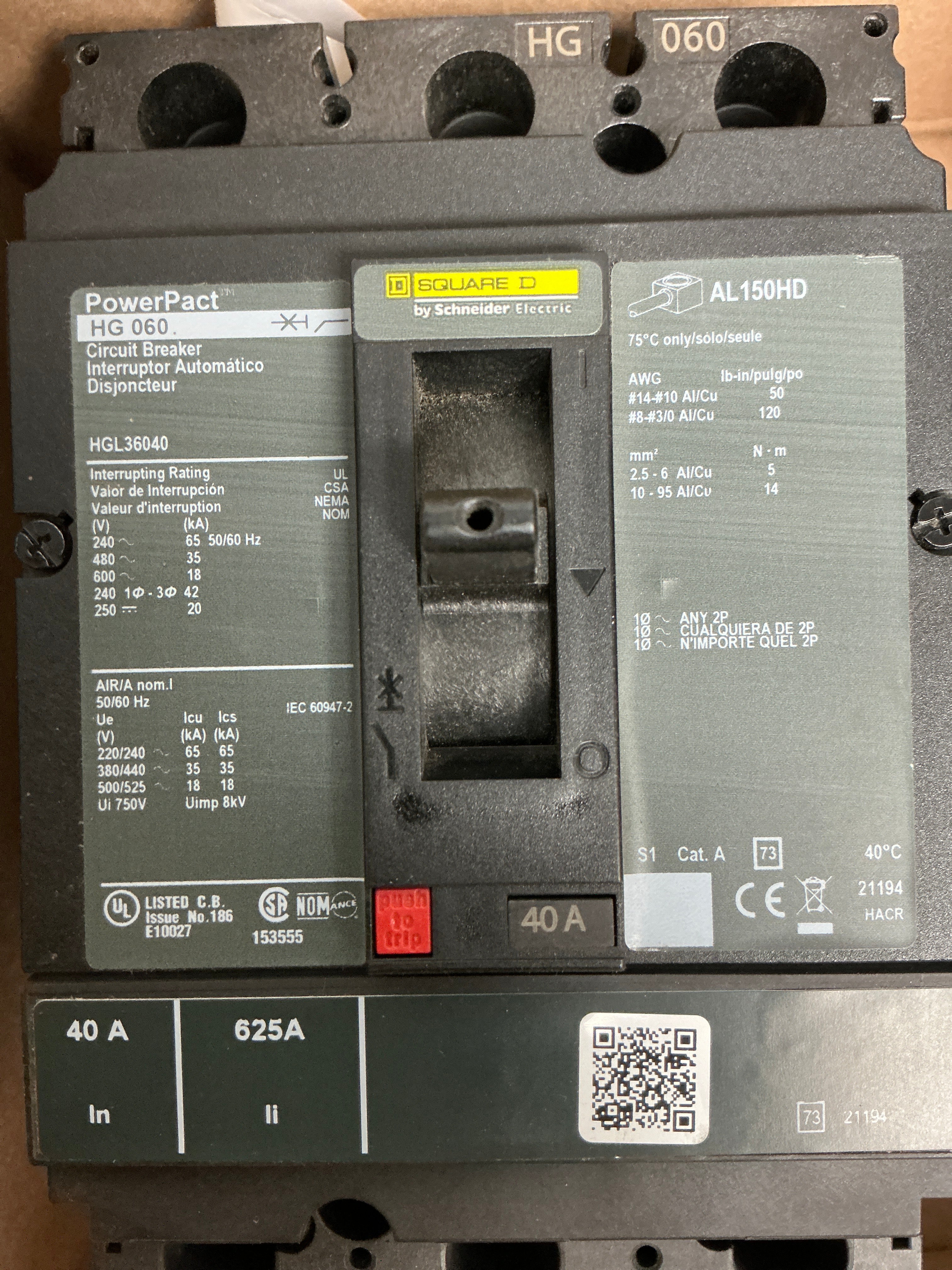 New Square D HGL36040 3 Pole, 40 Amps