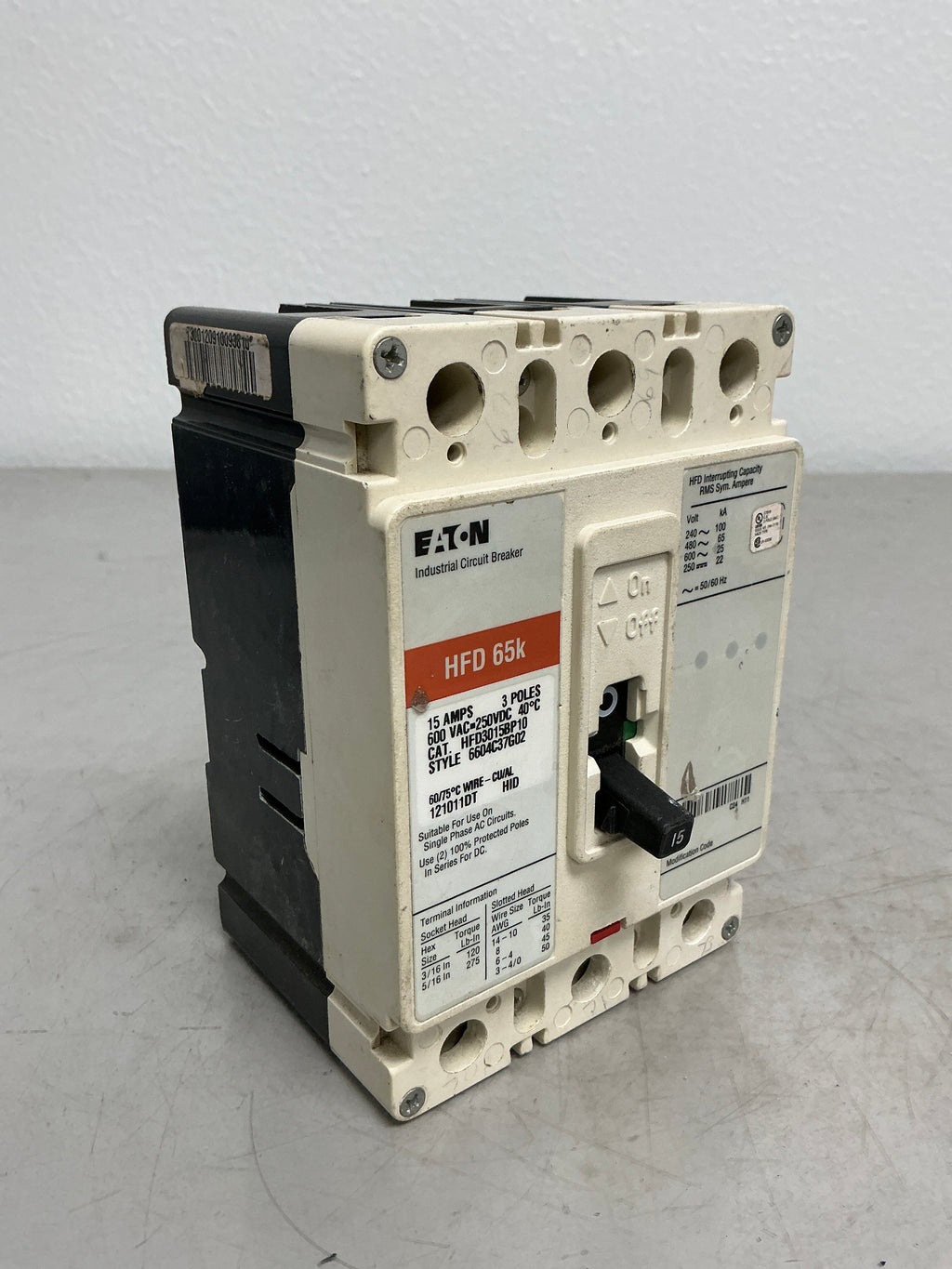 Used Eaton HFD3015BP10 3 Pole, 15 Amps, 480 Volts
