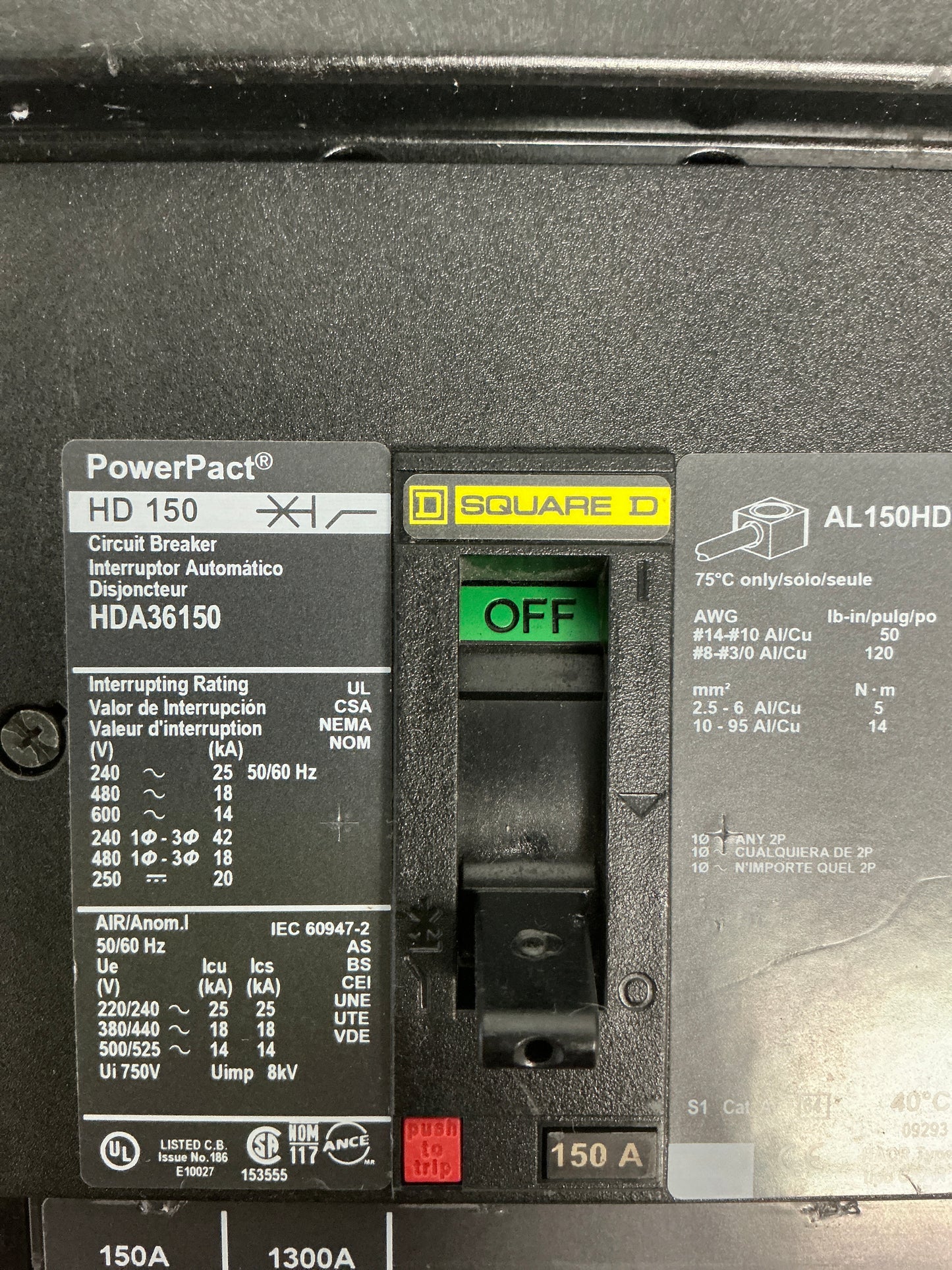 Used Square D HDA36150 3 Pole, 150 Amps, 600 Volts