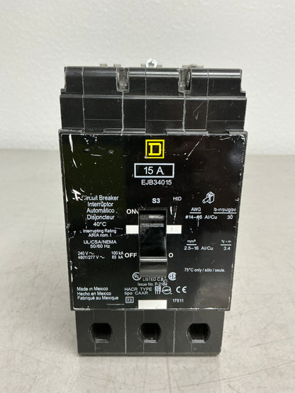 Used Square D EJB34015 3 Pole, 15 Amps, 480 Volts