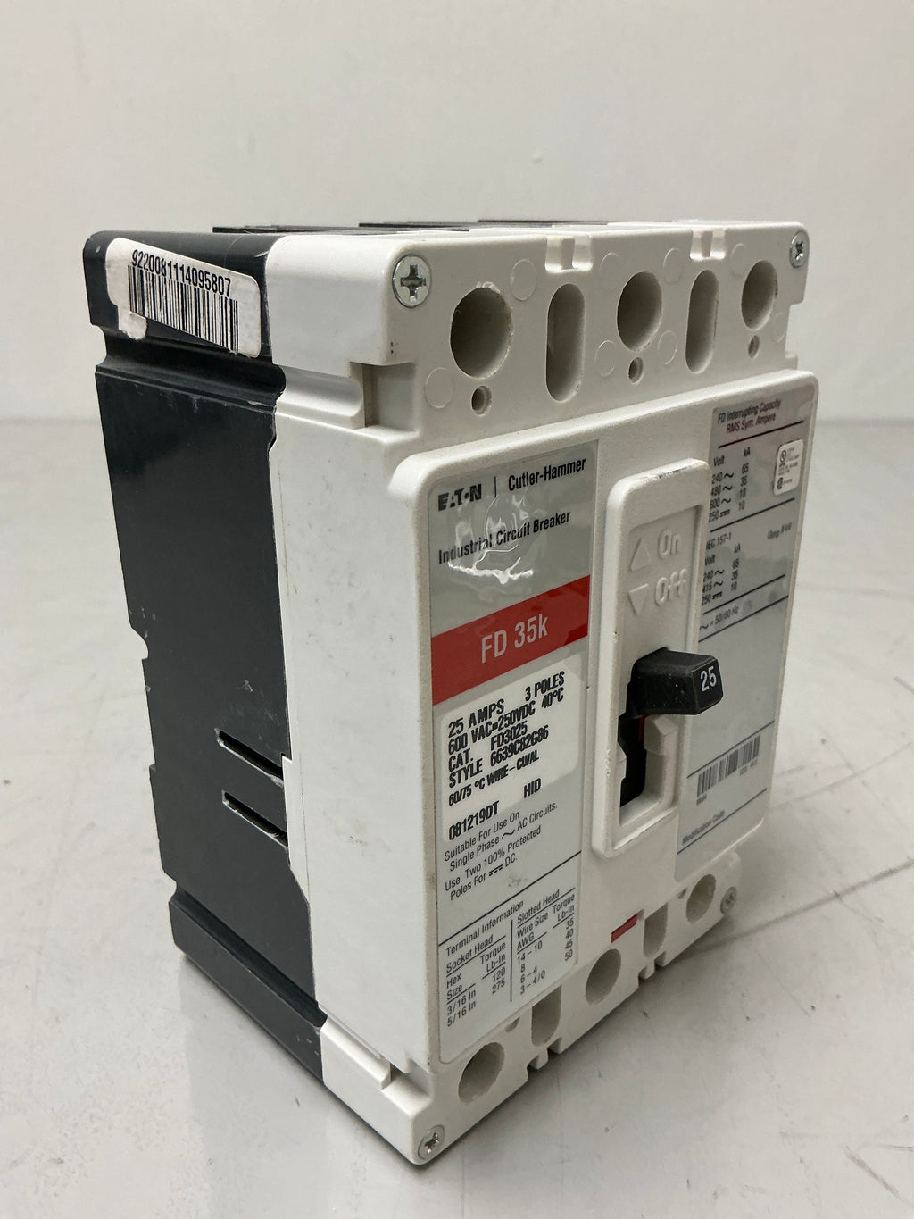 Used Eaton FD3025 3 Pole, 25 Amps, 480 Volts Circuit Breaker