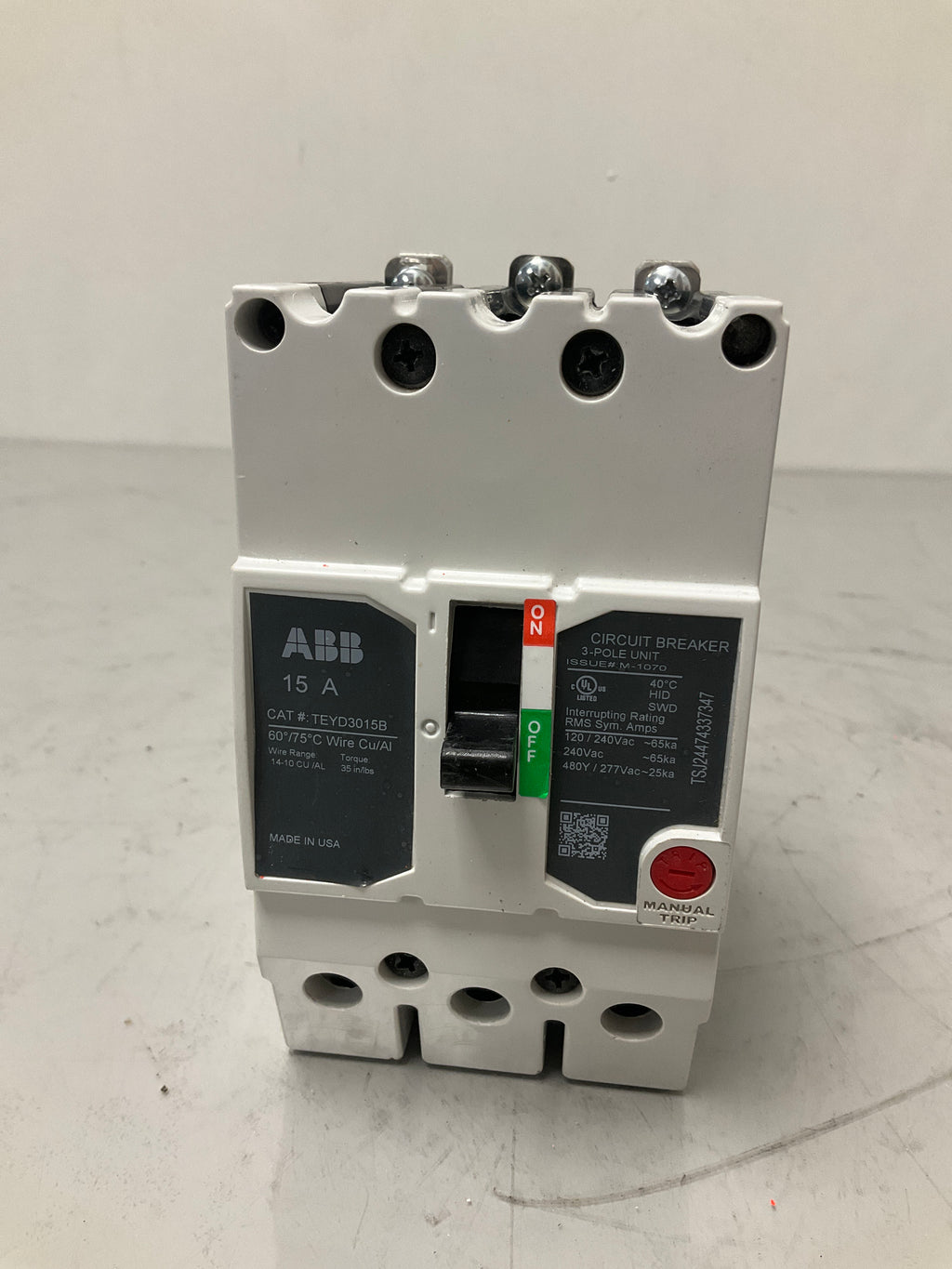 Used ABB TEYD3015B 3 Pole, 15 Amps, 480 Volts circuit Breaker