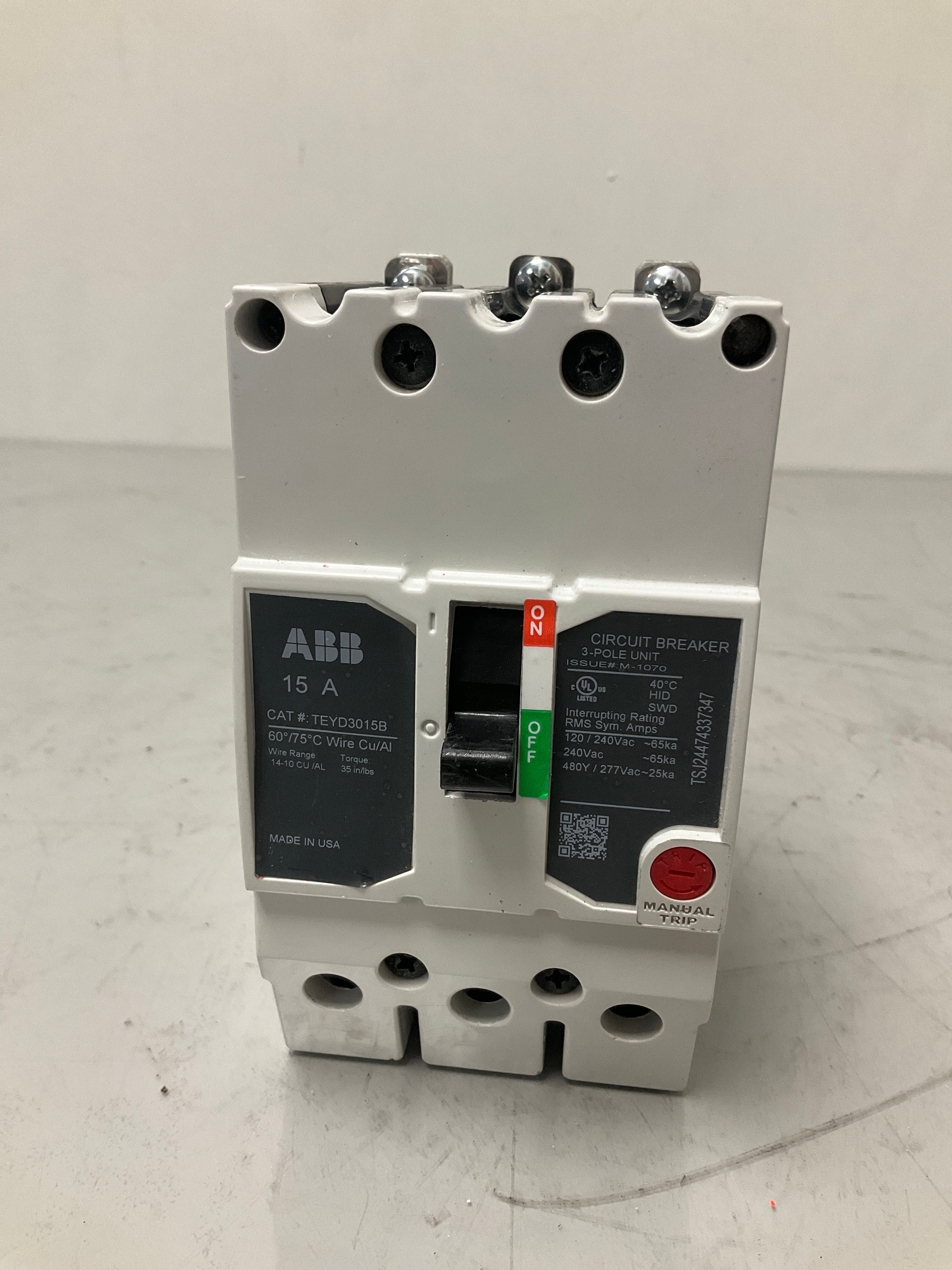 Used ABB TEYD3015B 3 Pole, 15 Amps, 480 Volts circuit Breaker