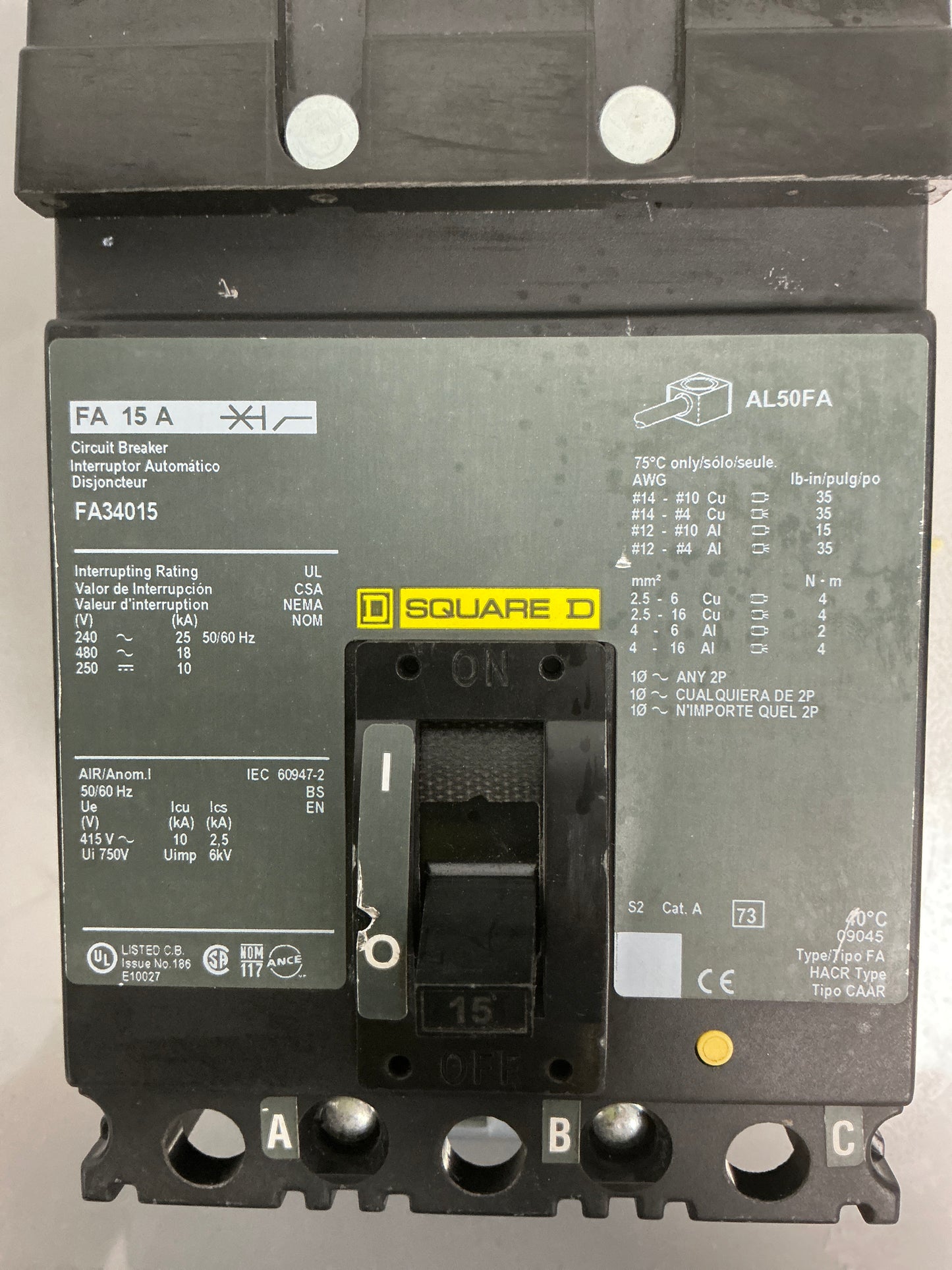 Used Square D FA34015 3 Pole, 15 Amps, 480 volts