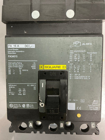 Used Square D FA34015 3 Pole, 15 Amps, 480 volts