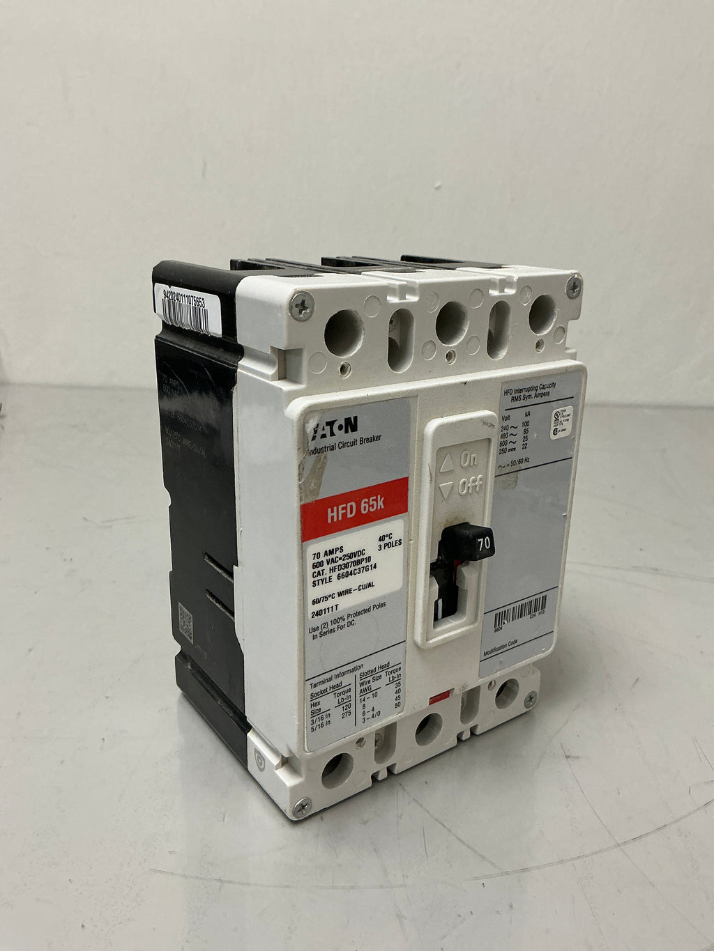 New Eaton HFD3070BP10 3Pole, 70Amps, 600 Volts Circuit Breaker