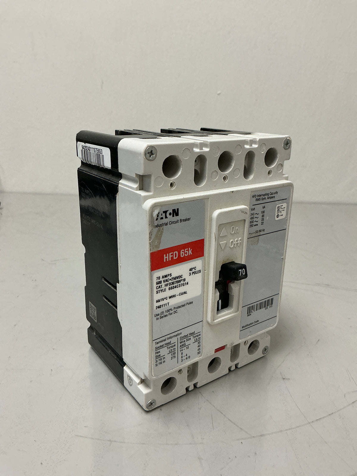 New Eaton HFD3070BP10 3Pole, 70Amps, 600 Volts Circuit Breaker