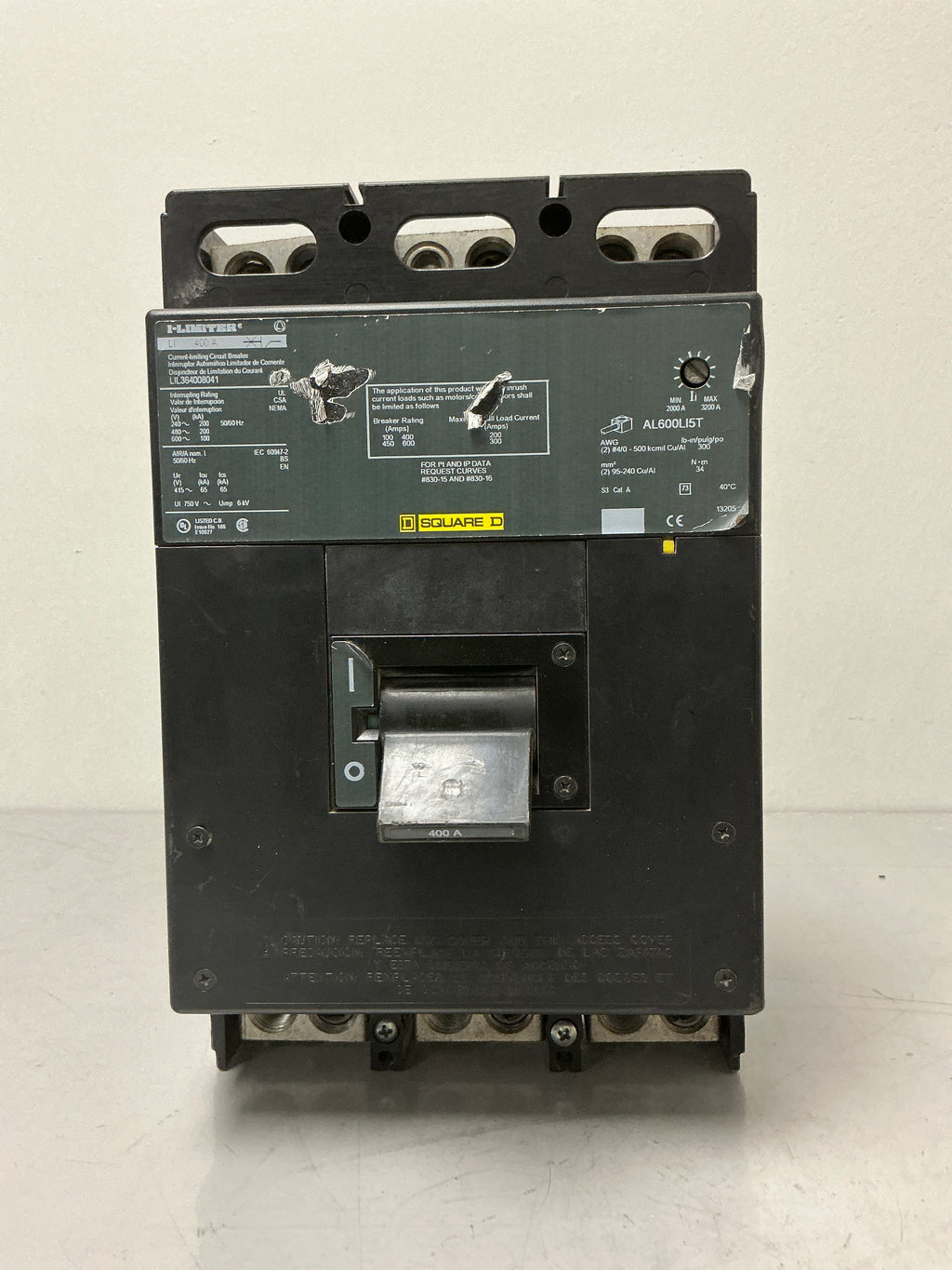 Used Square D LIL364008041 3 Pole, 400 Amps, 600 Volts Circuit Breaker