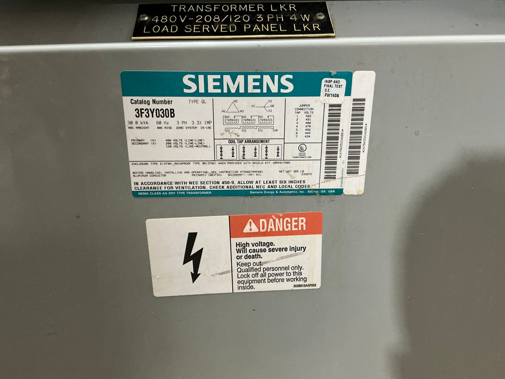 Used Siemens 3F3Y030B 30 KVA, 3 PH, 480 Primary 208/120 Secondary Transformer