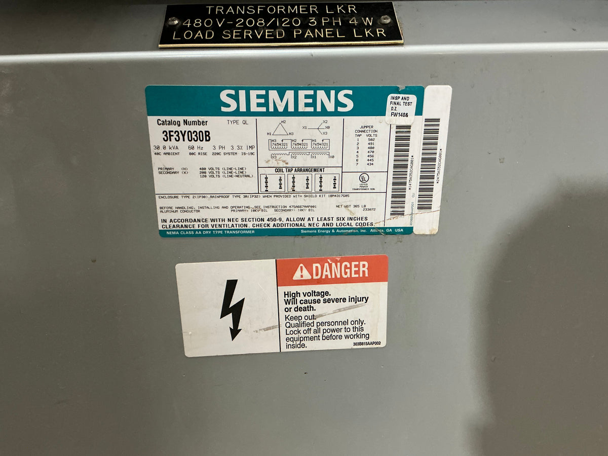 Used Siemens 3F3Y030B 30 KVA, 3 PH, 480 Primary 208/120 Secondary Transformer