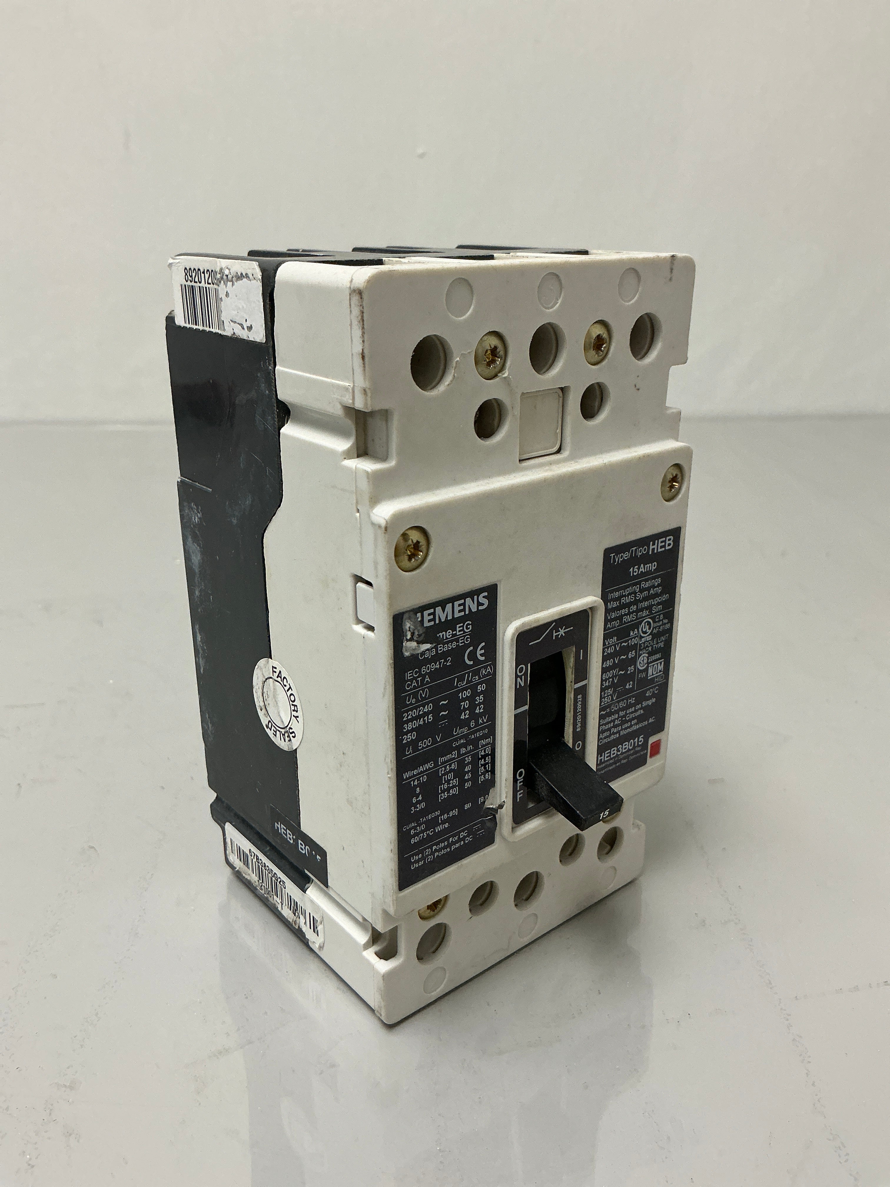 Used Siemens HEB3B015 3 Pole, 15 Amps, 480 Volts Circuit Breaker