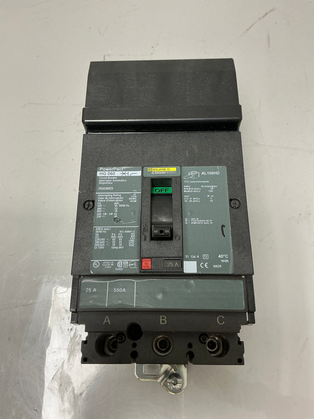 New Square D HGA36025 3 Pole, 25 Amps, 480 Volts Circuit Breaker