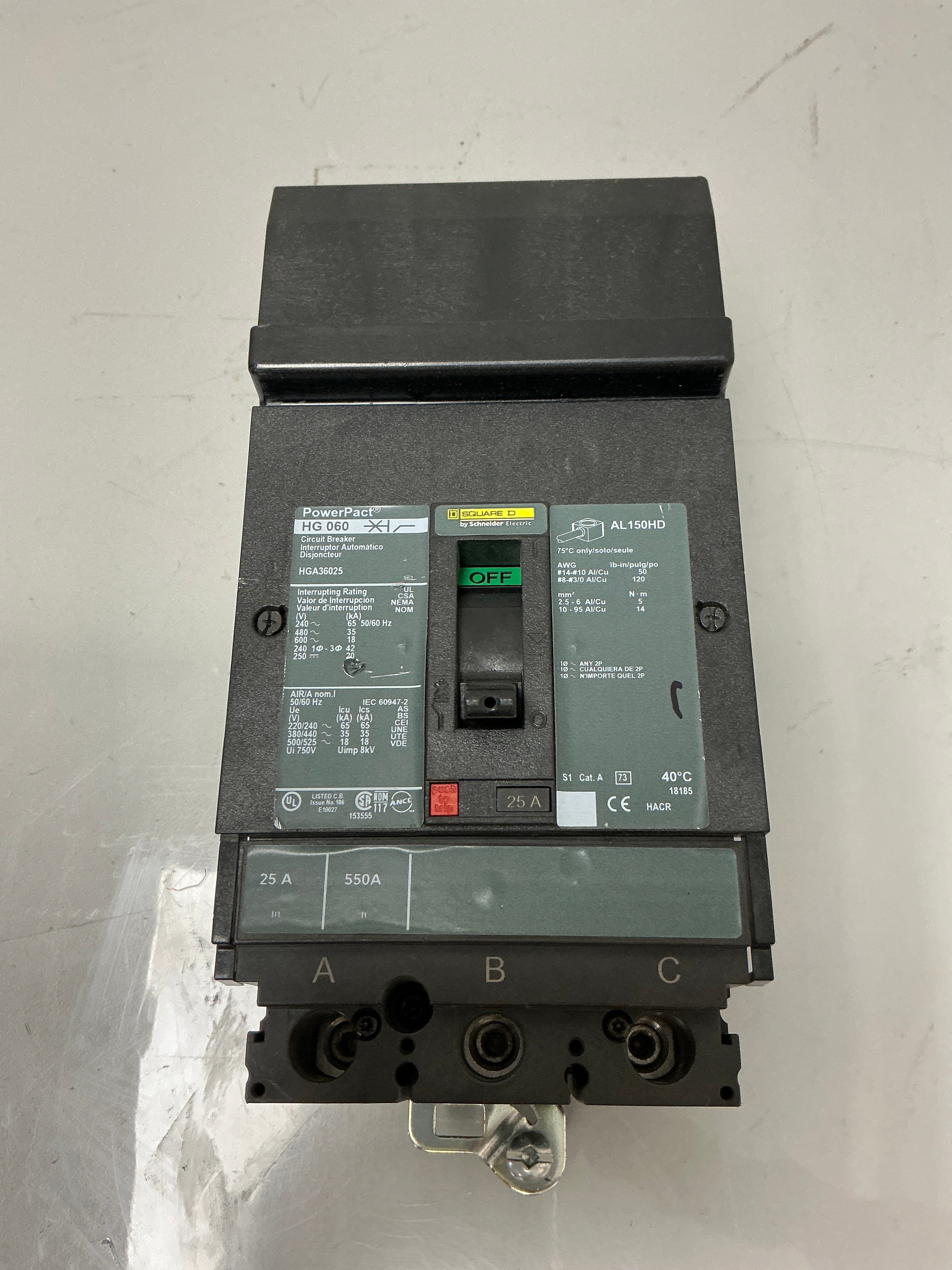 New Square D HGA36025 3 Pole, 25 Amps, 480 Volts Circuit Breaker