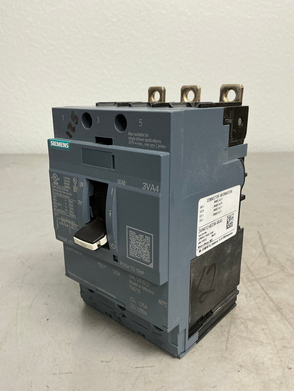 Used Siemens 3VA4112-4ED34-0AA0 3 Pole, 125 Amps, 480 Volts Circuit Breaker
