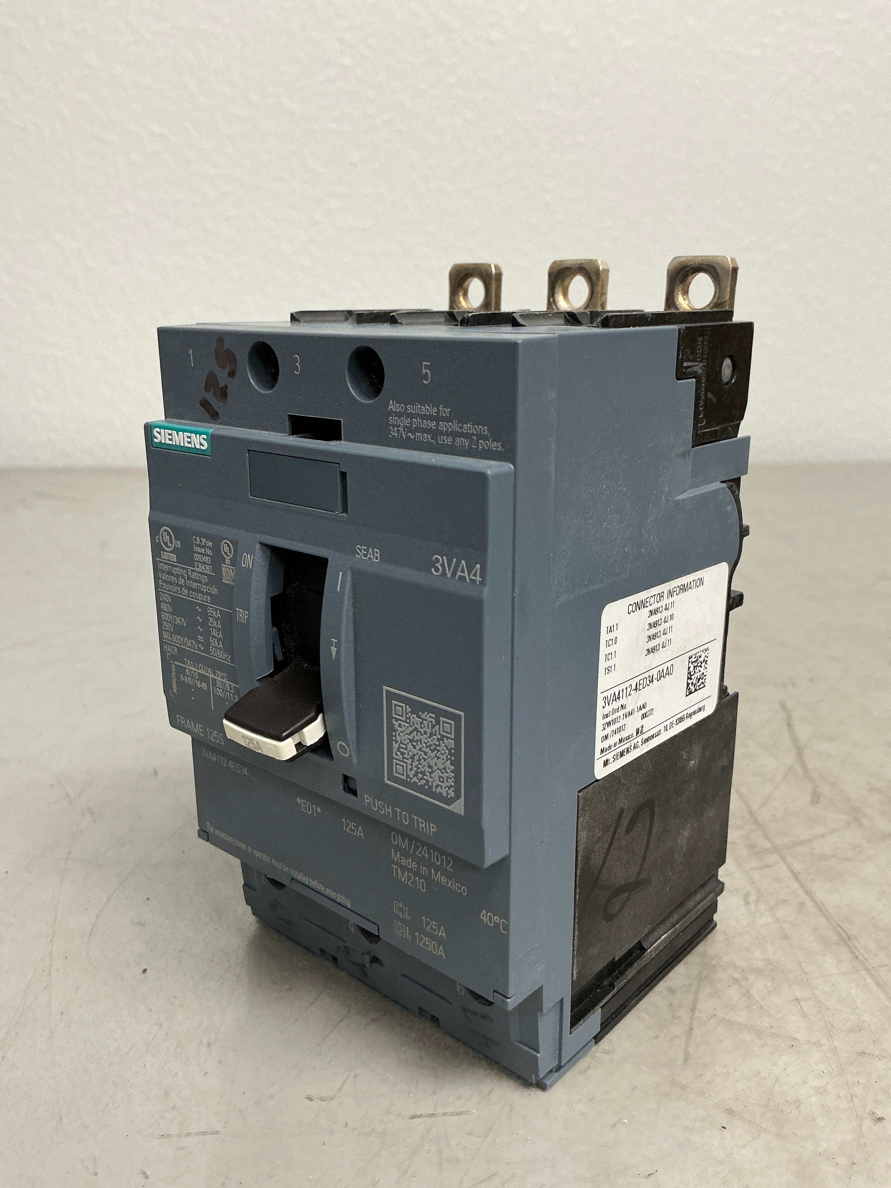 Used Siemens 3VA4112-4ED34-0AA0 3 Pole, 125 Amps, 480 Volts Circuit Breaker
