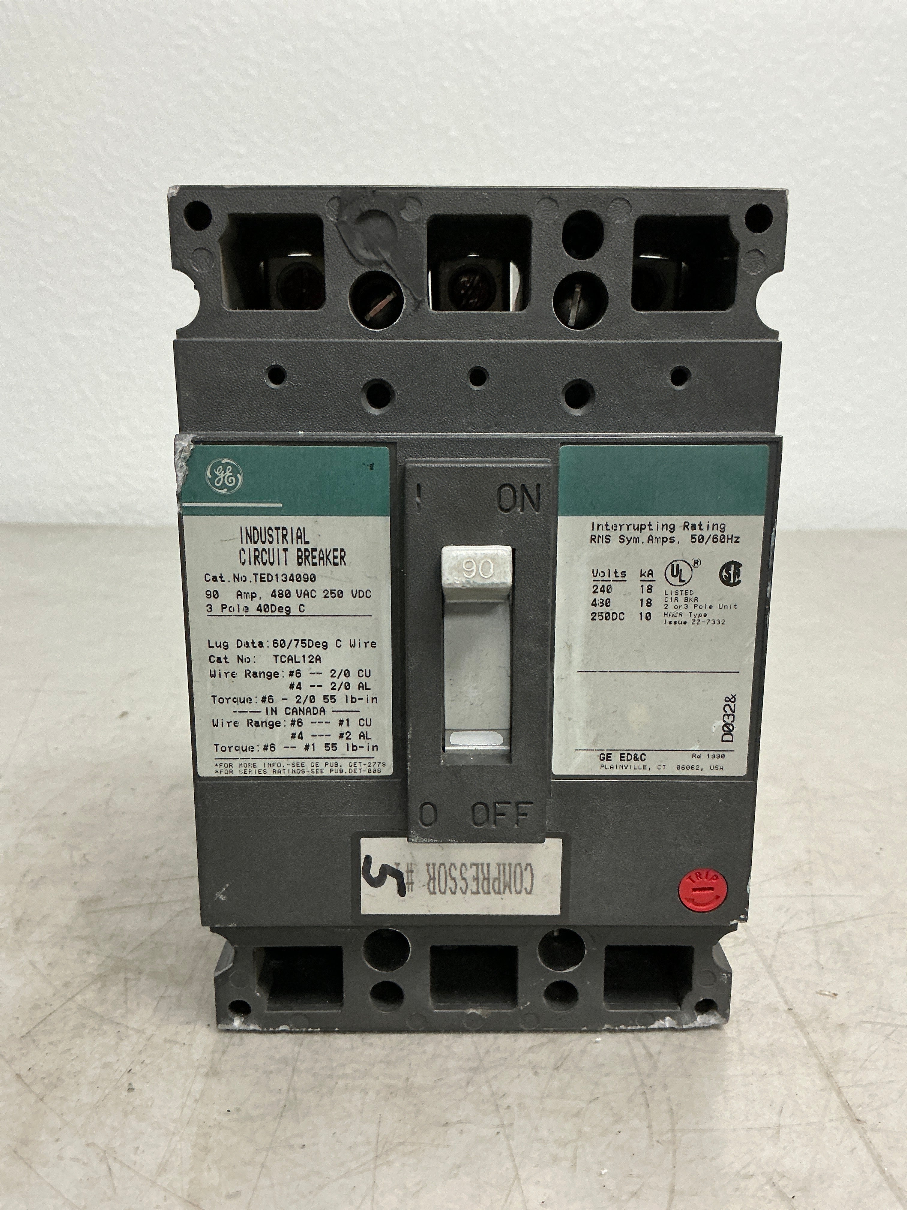 Used TED134090 3 Pole, 90 Amps, 480 Volts Circuit Breaker