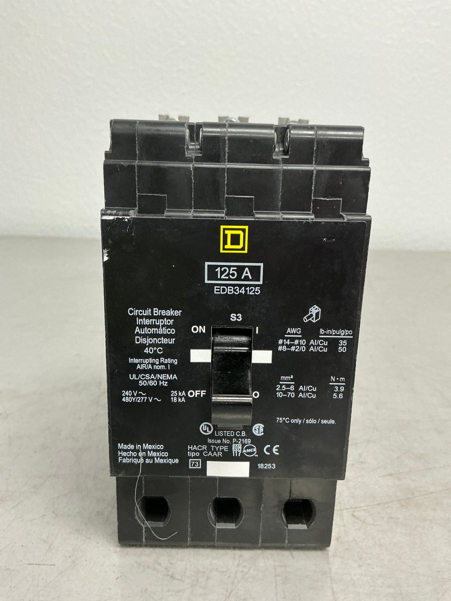 Used Square D EDB34125 3 Pole, 125 Amps, 480 Volts