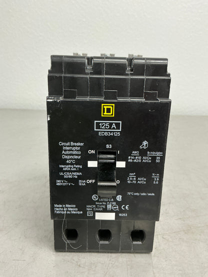 Used Square D EDB34125 3 Pole, 125 Amps, 480 Volts