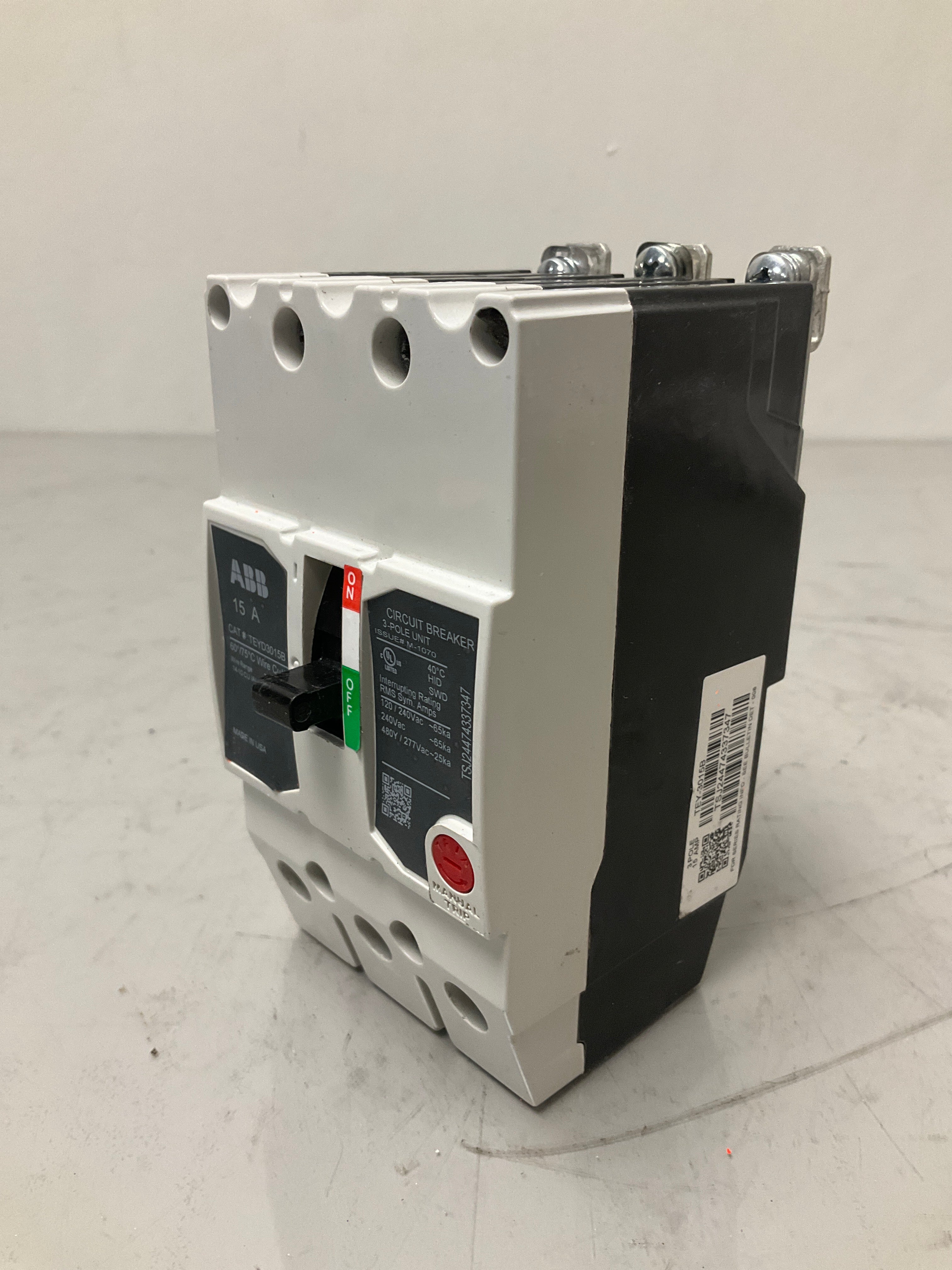 Used ABB TEYD3015B 3 Pole, 15 Amps, 480 Volts circuit Breaker