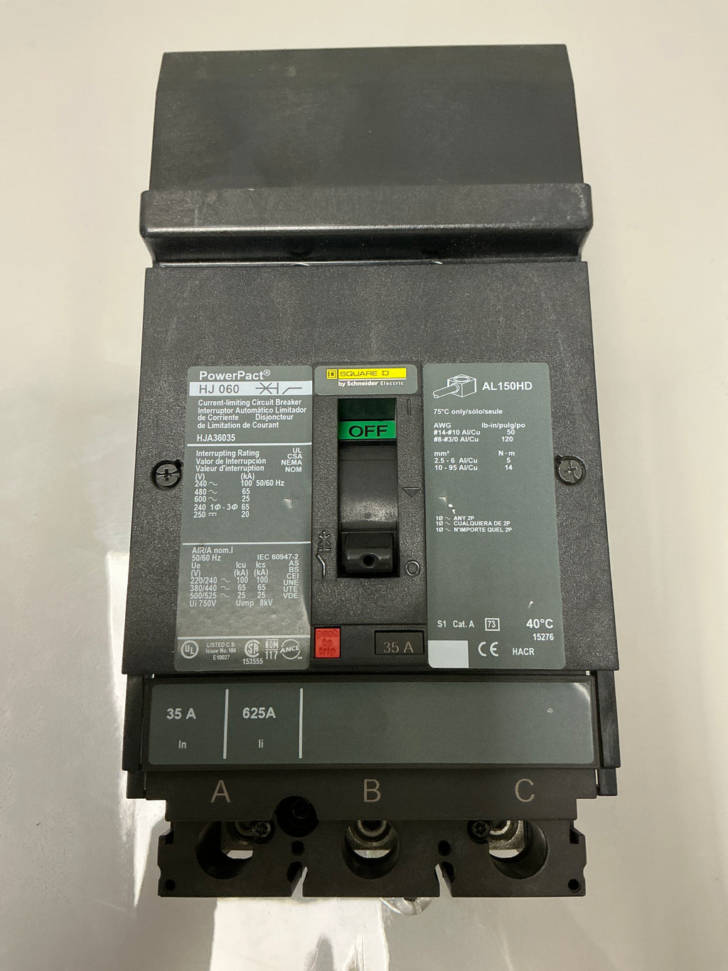 Used Square D HJA36035 3 Pole, 35 Amps, 600 Volts Circuit Breaker
