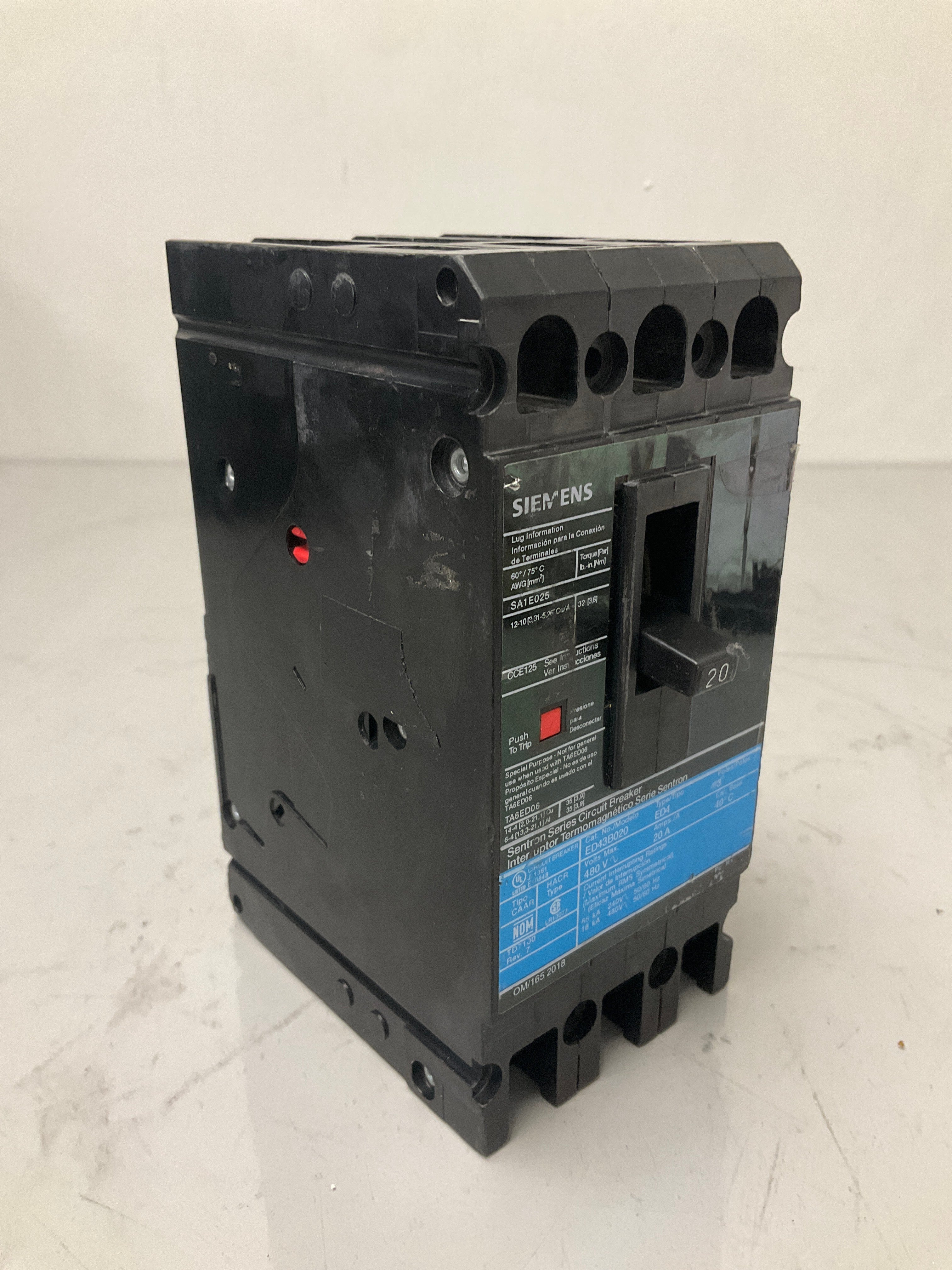 Used Siemens ED43B020 3 Pole,  20 Amps, 480 Volts Circuit Breaker
