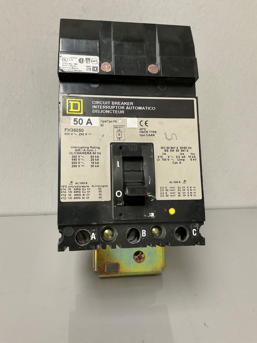 Used Square D FH36050 3 Pole, 50 Amps, 600 Volts, Circuit Breaker