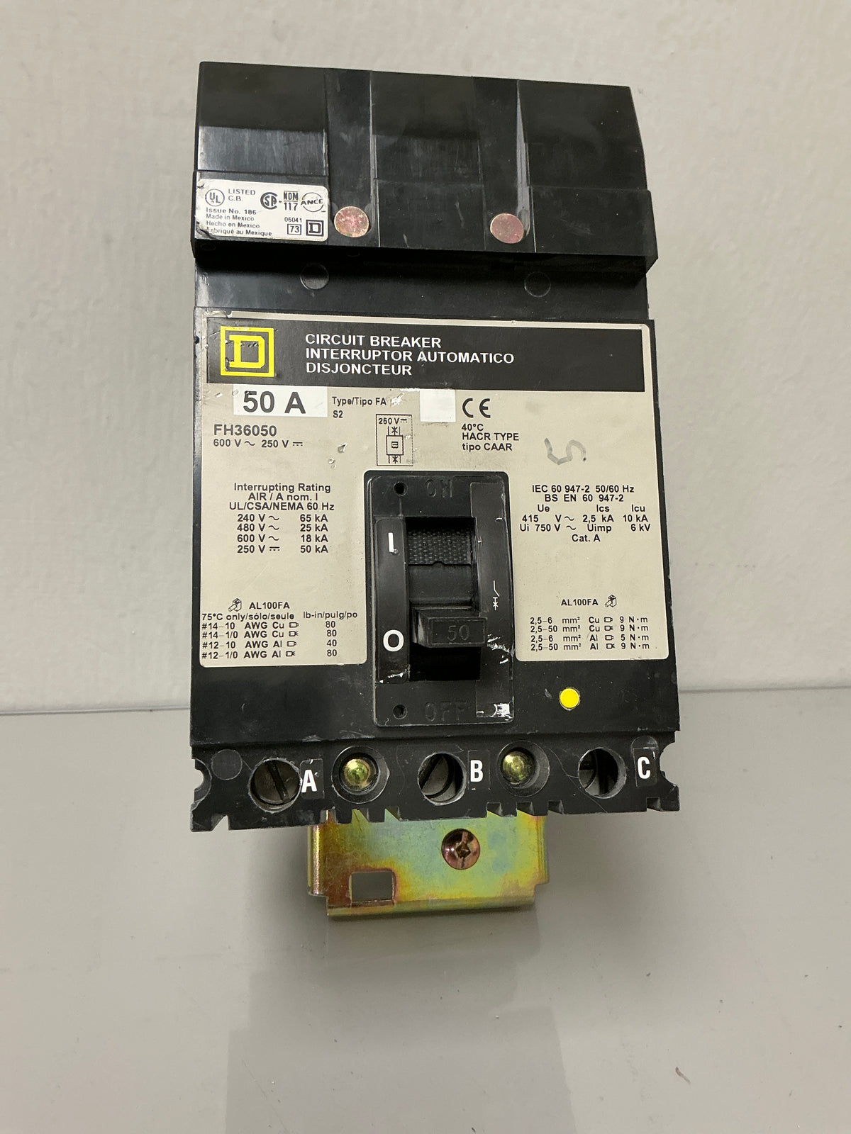 Used Square D FH36050 3 Pole, 50 Amps, 600 Volts, Circuit Breaker
