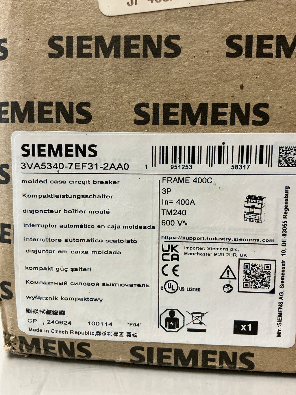 New Siemens 3VA5340-7EF31-2AA0 3 Pole, 400 Amps, 600 Volts Circuit Breaker