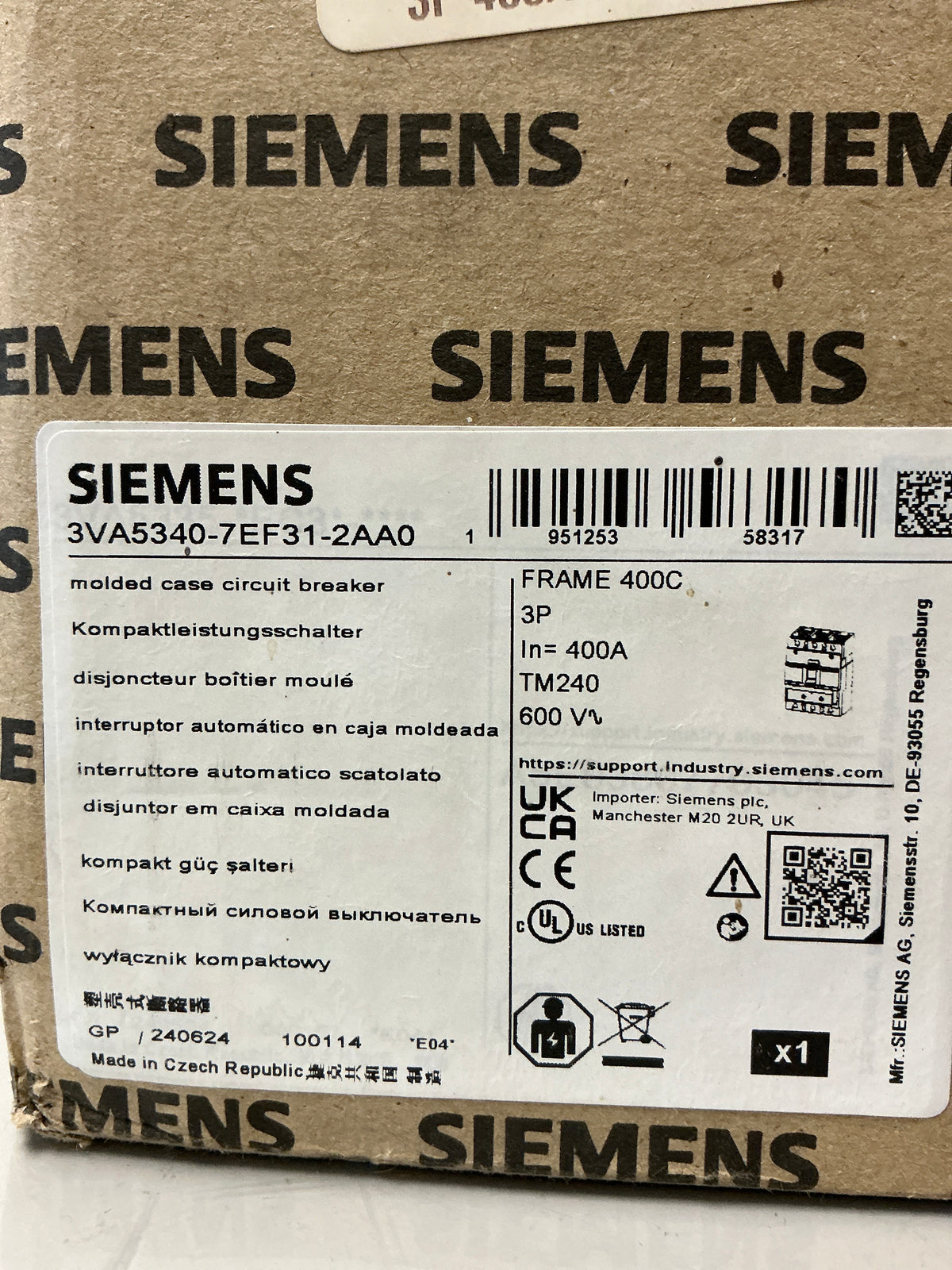 New Siemens 3VA5340-7EF31-2AA0 3 Pole, 400 Amps, 600 Volts Circuit Breaker