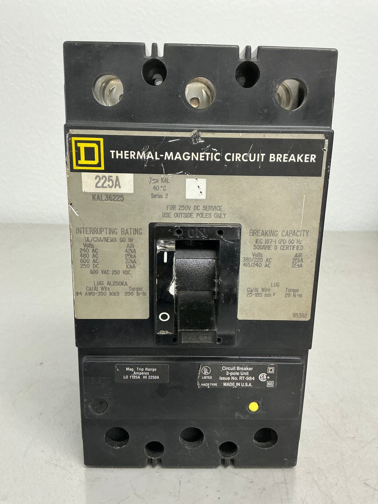 Used Square D KAL36225 3 Pole, 225 Amps, 600 Volts
