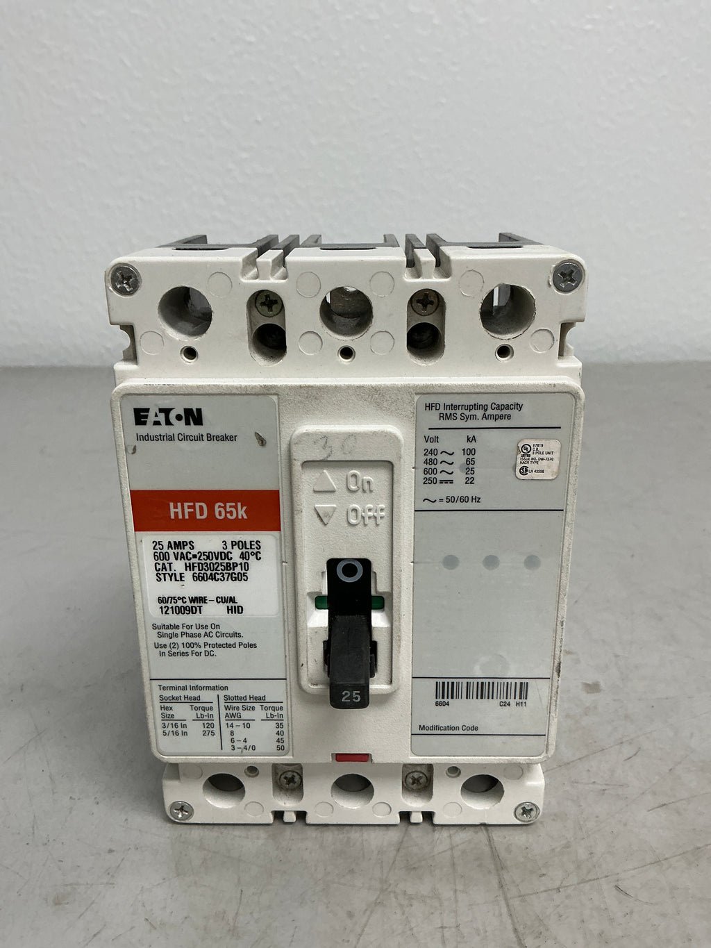Used Eaton HFD3025BP10 3 Pole, 25 Amps, 600 Volts